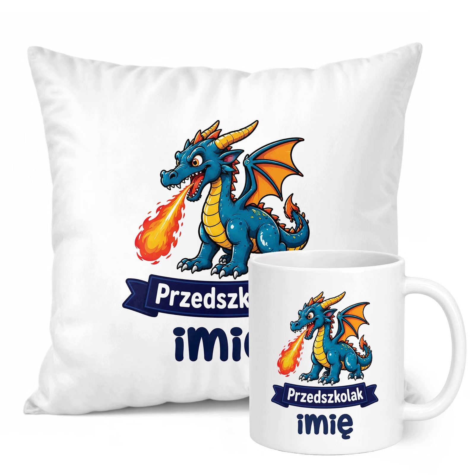 Zestaw Personalizowany Kubek Biały Poduszka Przedszkolak Smok