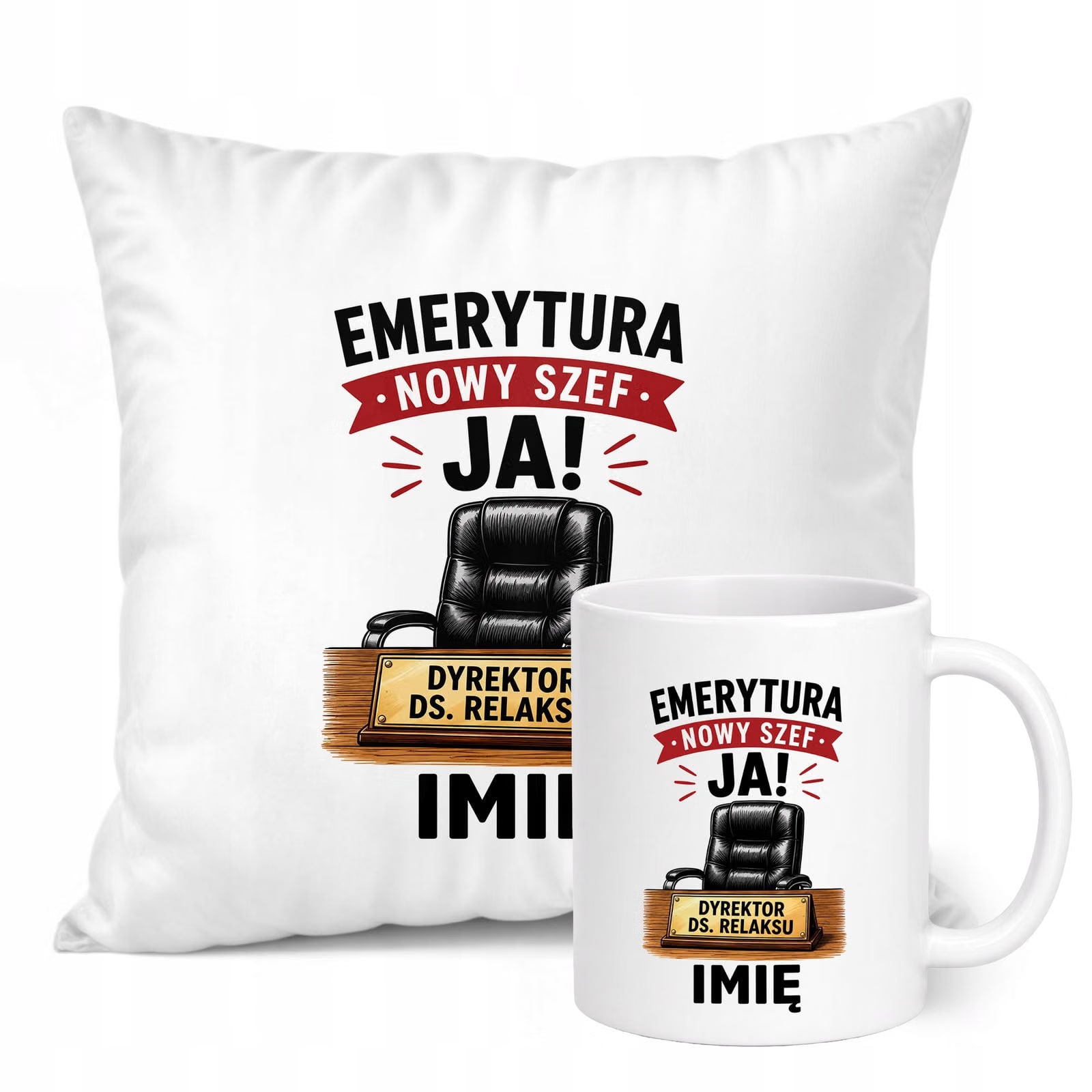 Zestaw Personalizowany Kubek Biały Poduszka Emerytura Dla Emeryta Prezent