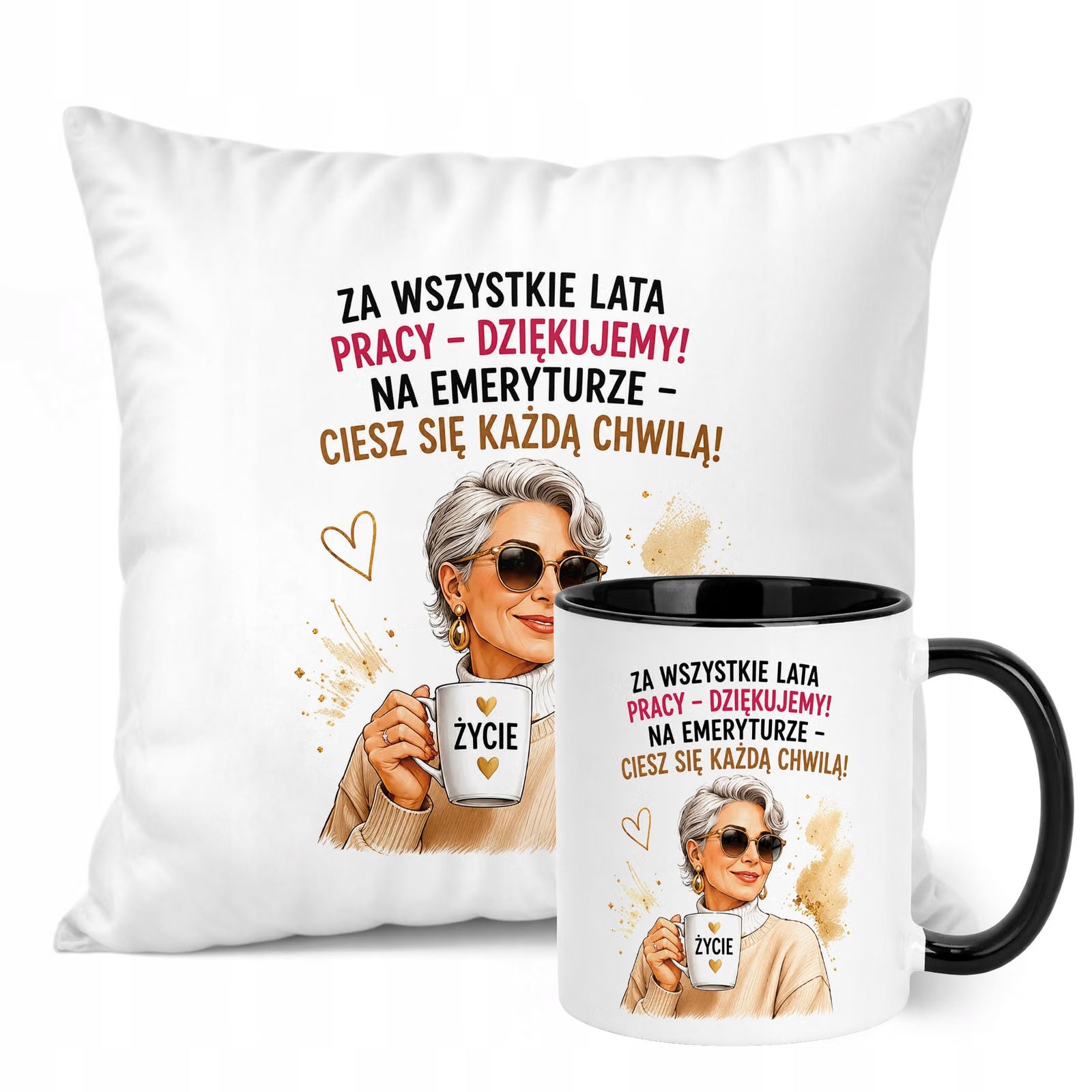 Zestaw Kubek Czarny Poduszka Z Nadrukiem Emerytura Dla Emerytki Prezent