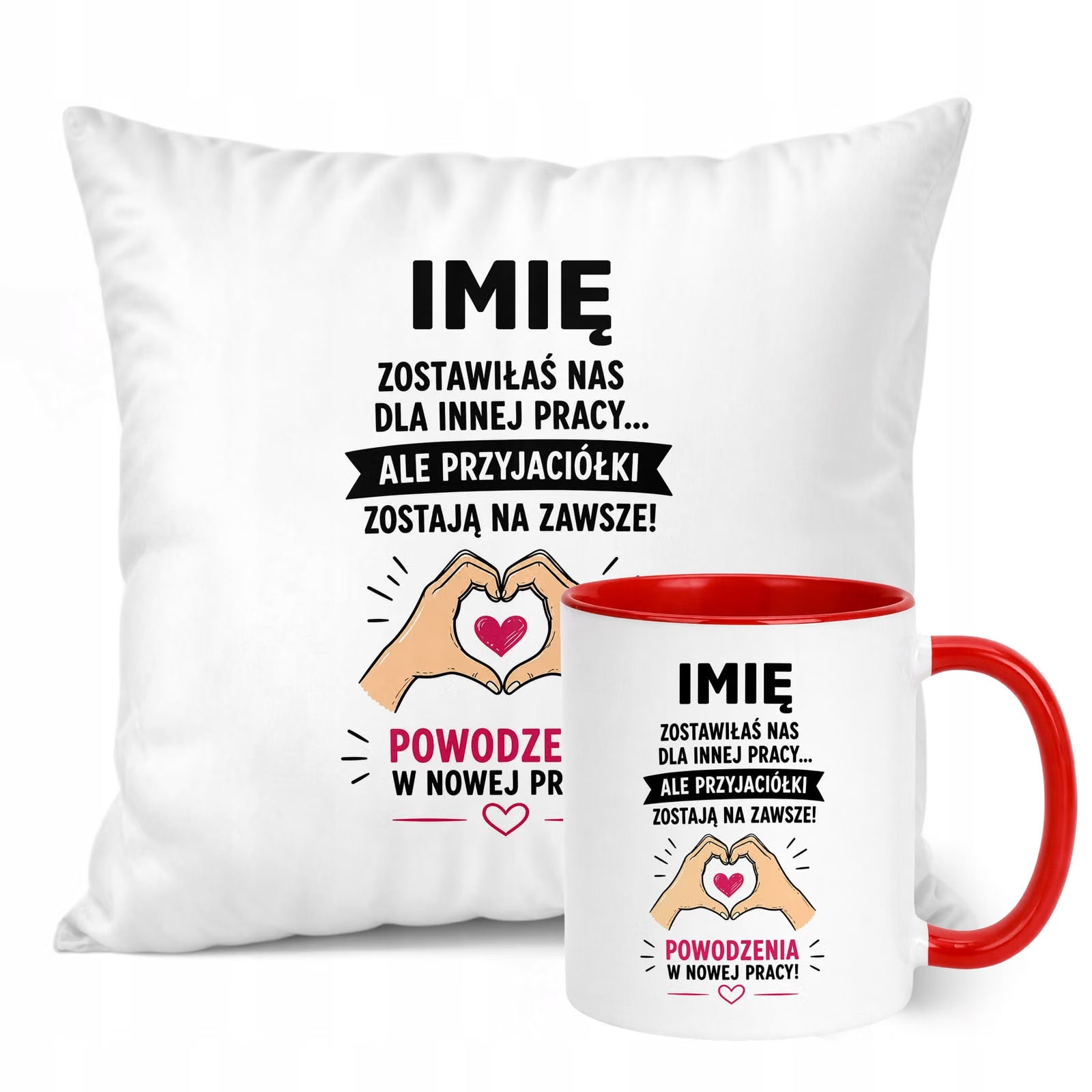 Zestaw Personalizowany Kubek Czerwony Poduszka Odejście z Pracy Prezent