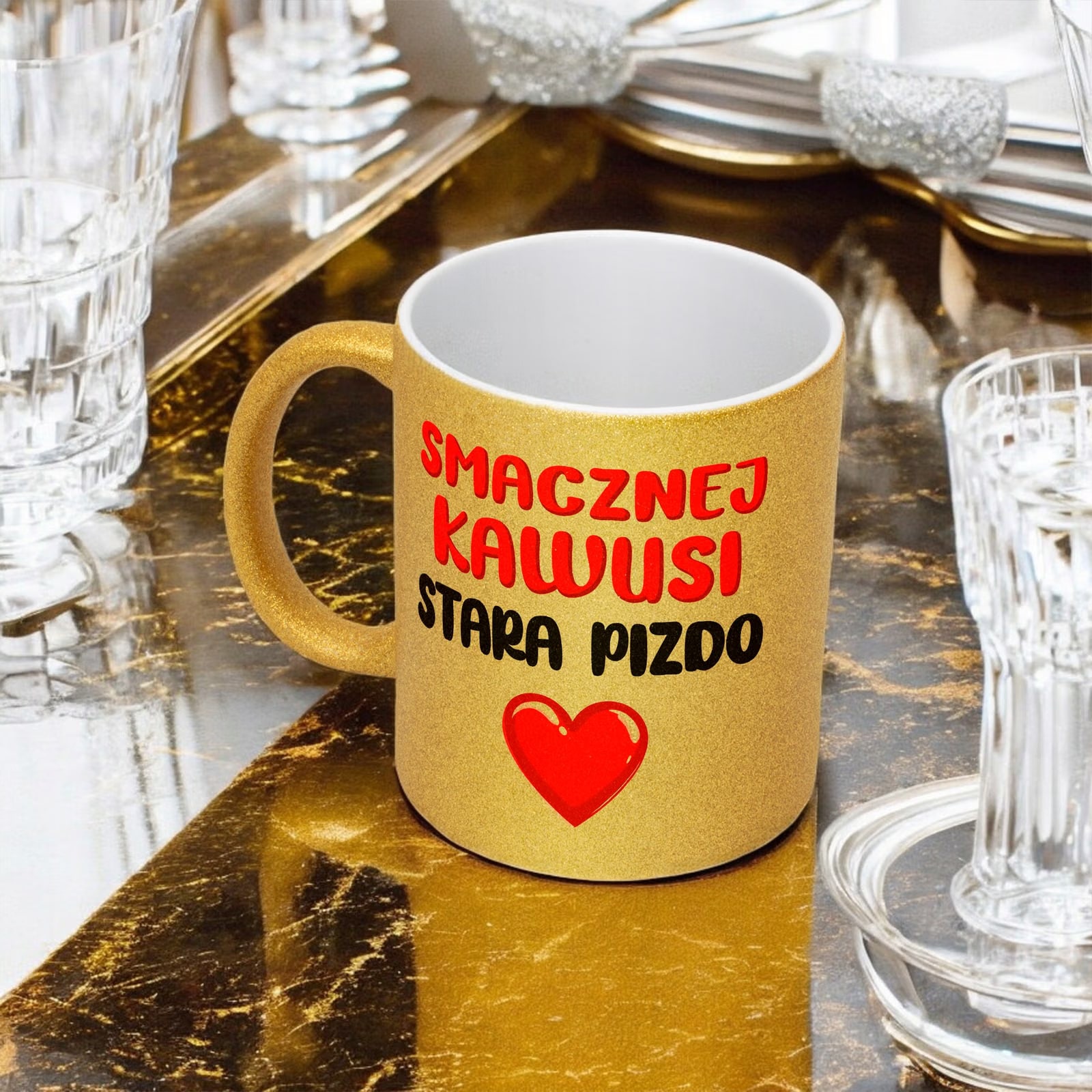 Złoty Kubek Brokatowy Smacznej Kawusi Stara Piz*o Zabawny Prezent