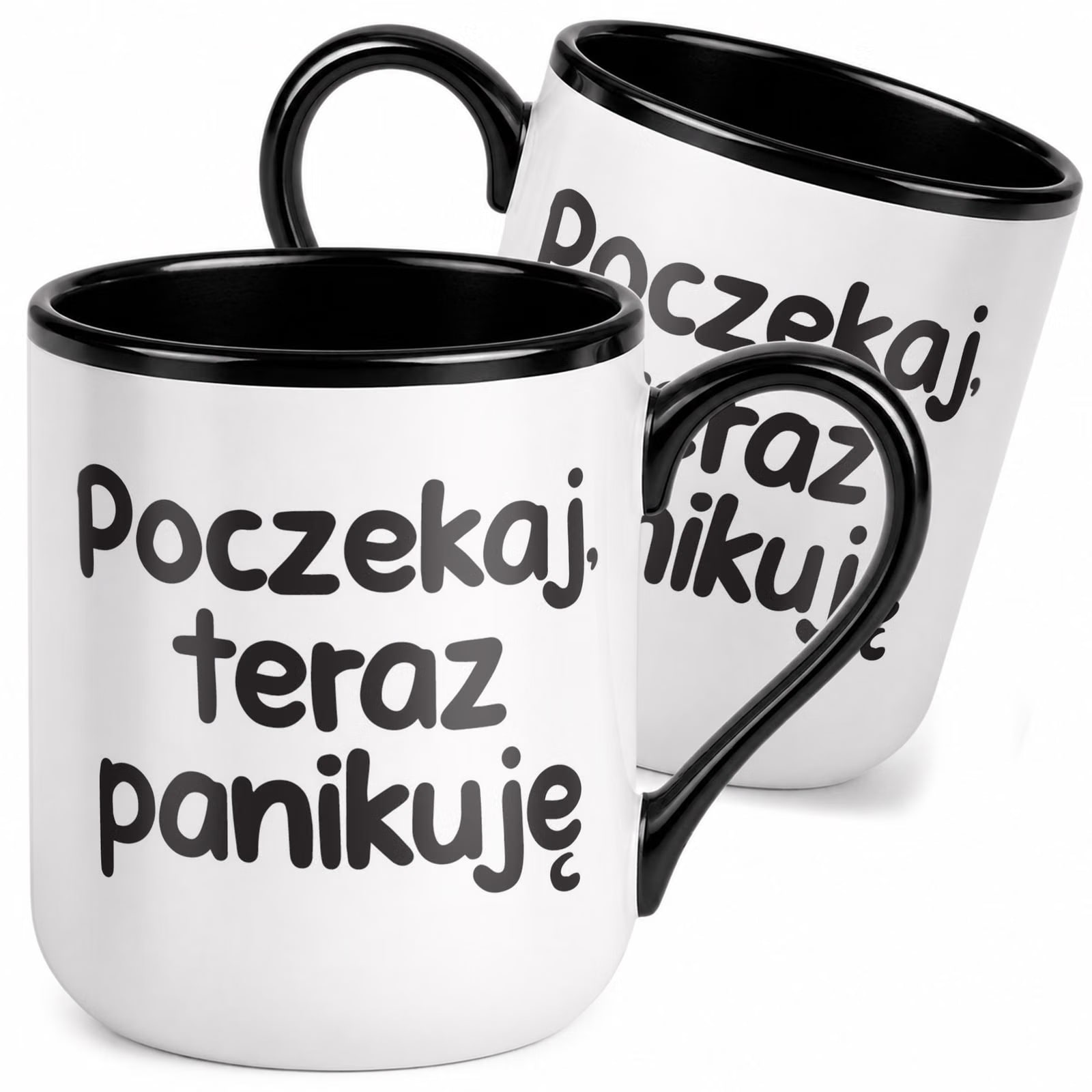 Kubek z nadrukiem Premium Czarny Poczekaj Teraz Panikuję Upominek Prezent