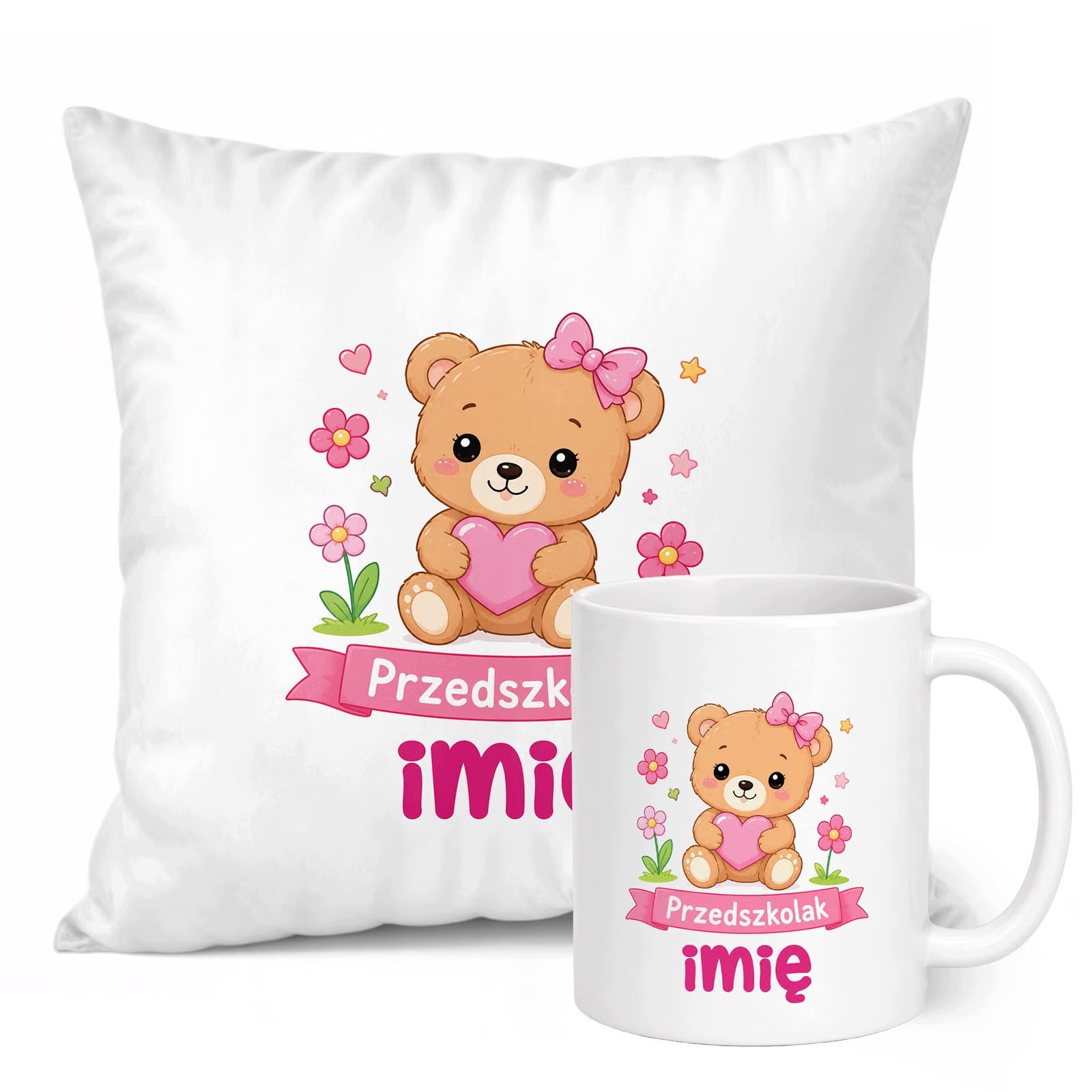 Zestaw Personalizowany Kubek Biały Poduszka Przedszkolak Miś