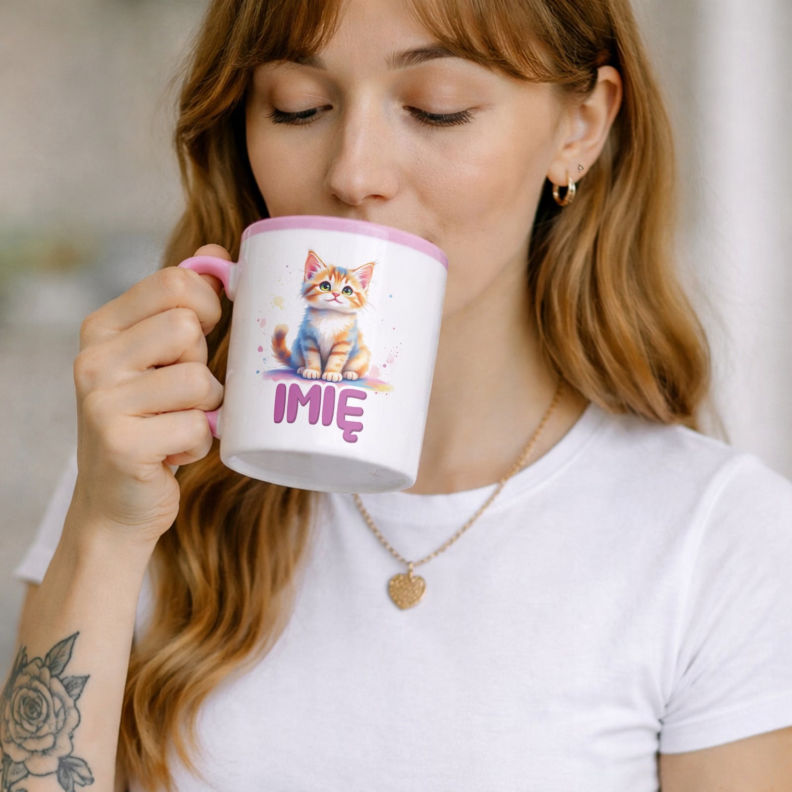 Kubek Różowy Personalizowany Kot Kotek Zwierzak Słodki Dla Dzieci