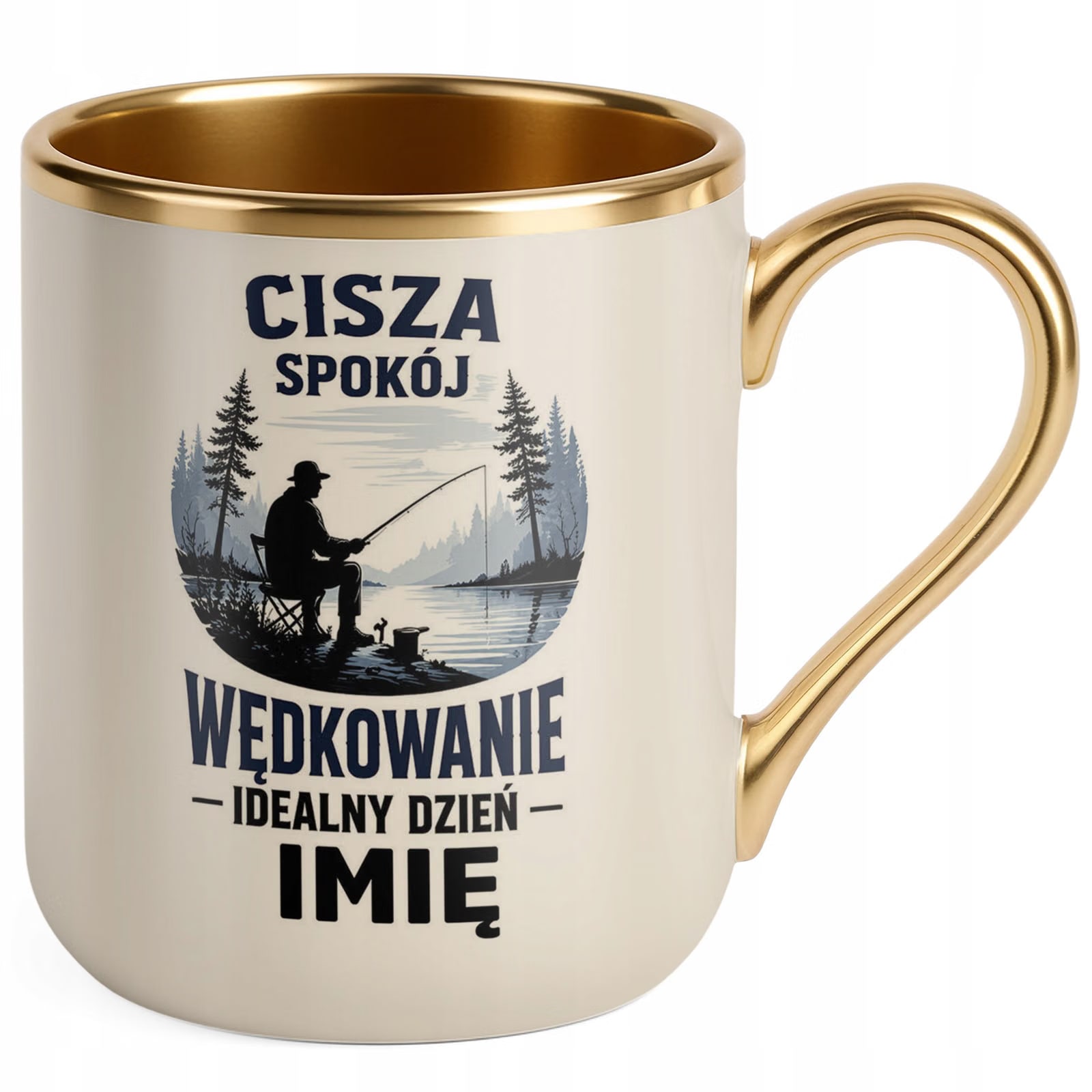 Kubek Personalizowany z nadrukiem Premium Złoty Ecru Dla Wędkarza Prezent