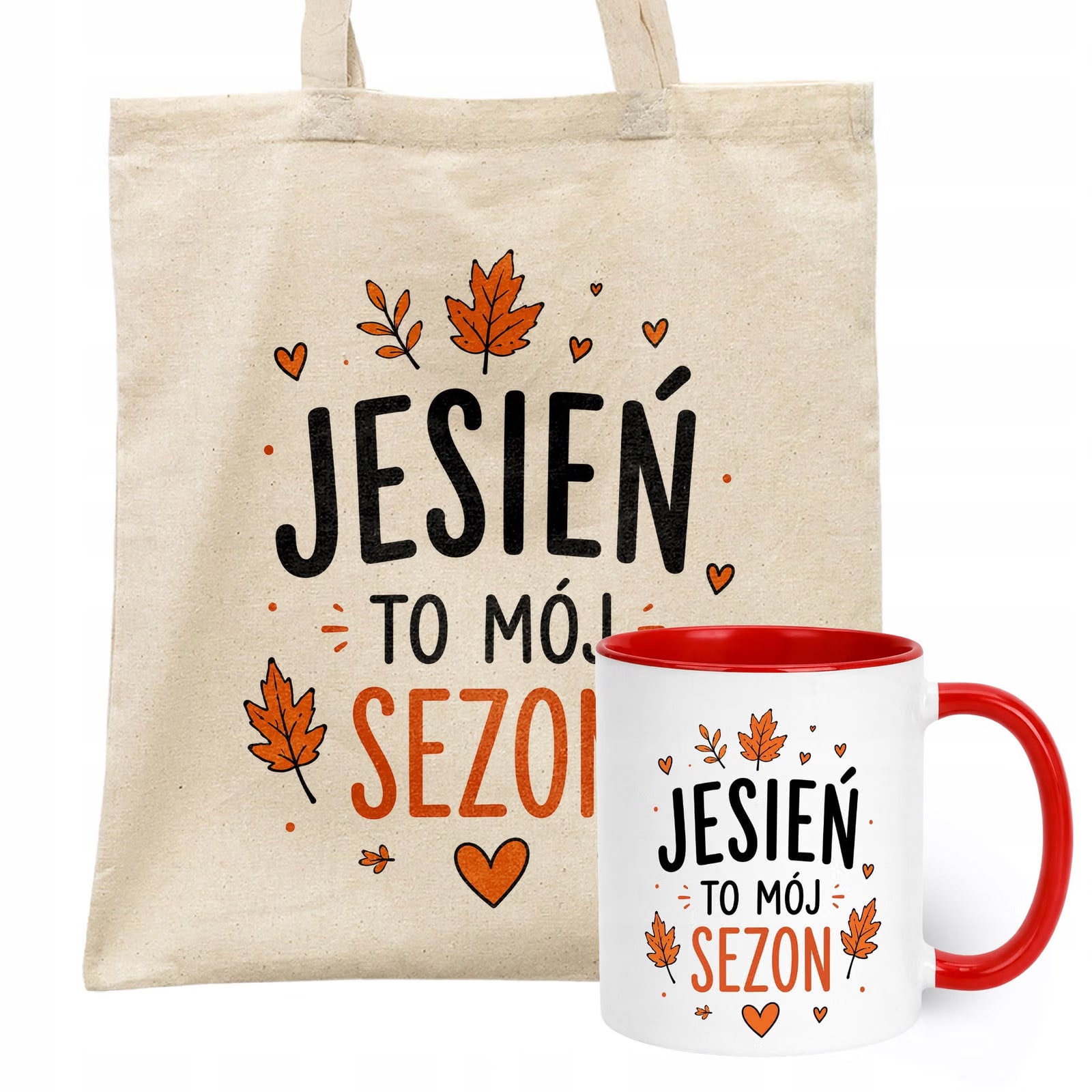 Zestaw Kubek Czerwony Torba Shopper Ecru Z Nadrukiem Jesień Jesienny