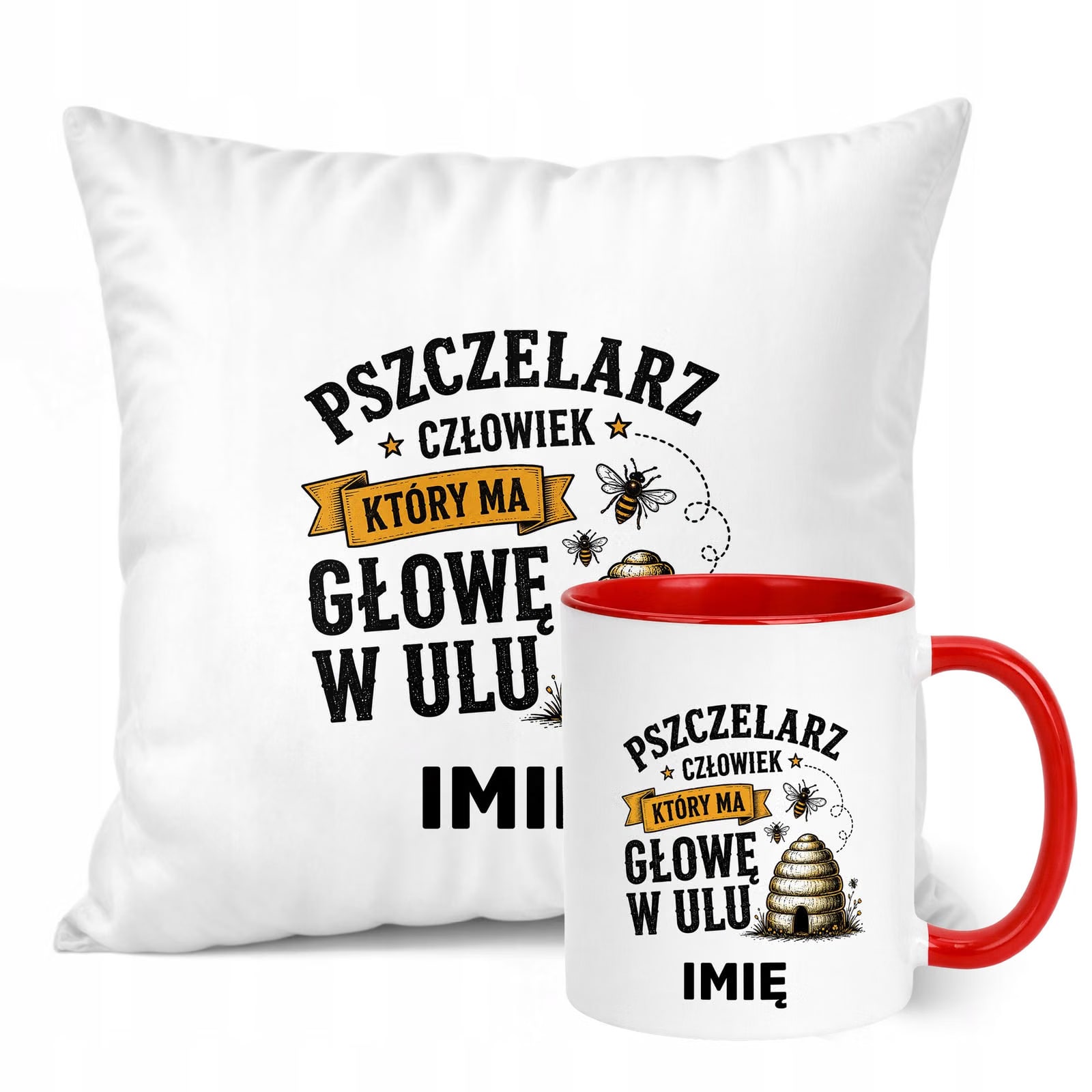 Zestaw Personalizowany Kubek Czerwony Poduszka Z Nadrukiem Dla Pszczelarza