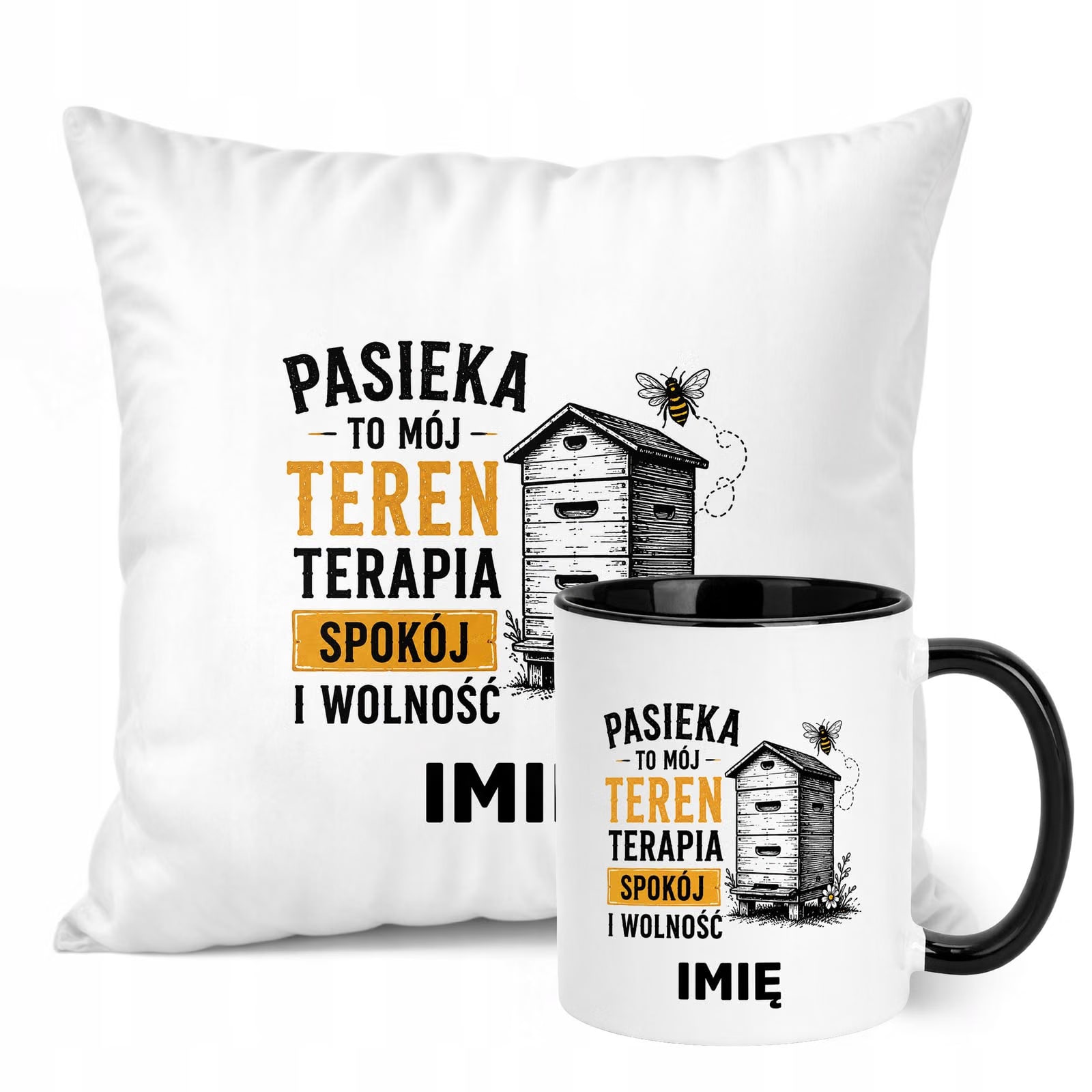 Zestaw Personalizowany Kubek Czarny Poduszka Z Nadrukiem Dla Pszczelarza
