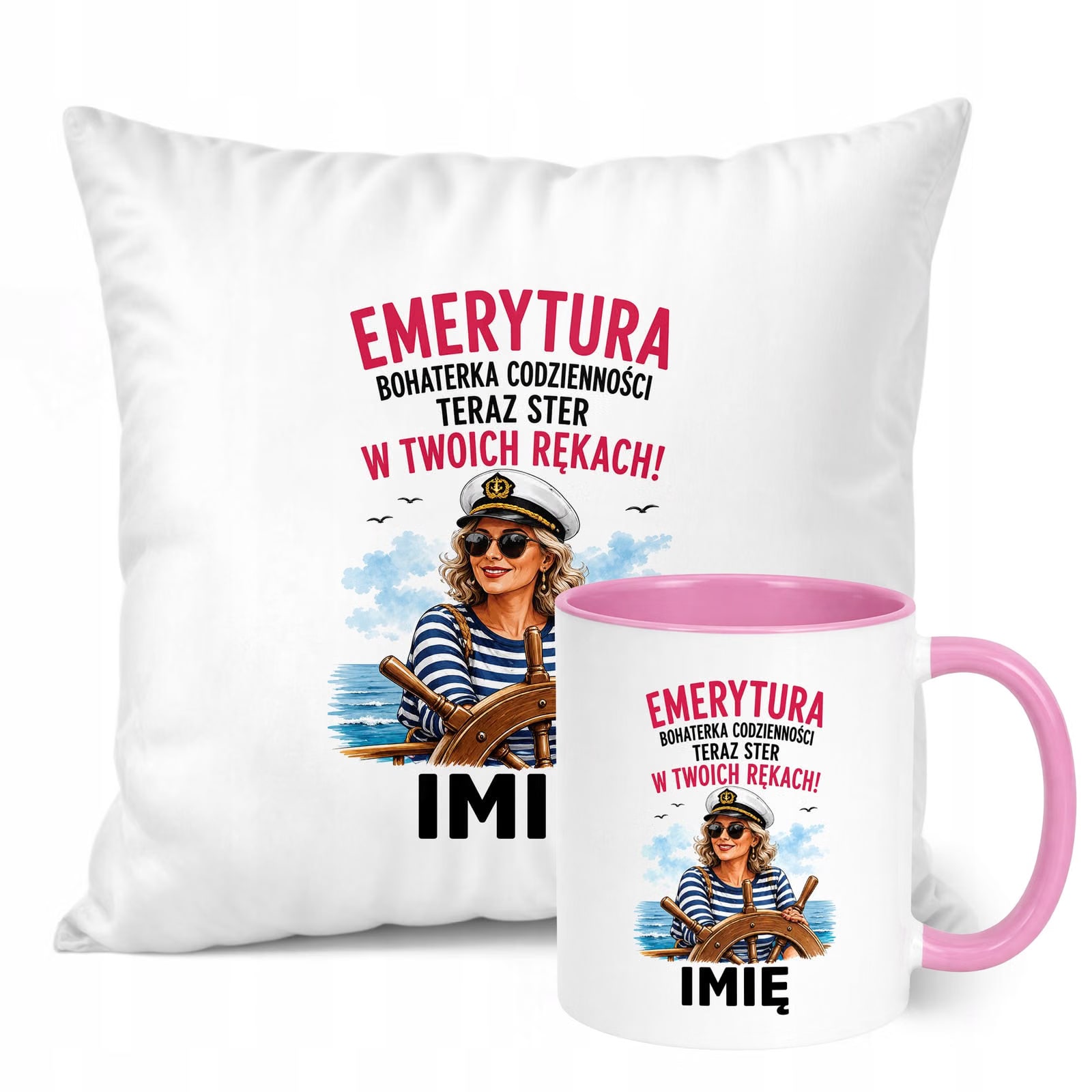 Zestaw Personalizowany Kubek Różowy Poduszka Emerytura Upominek Prezent