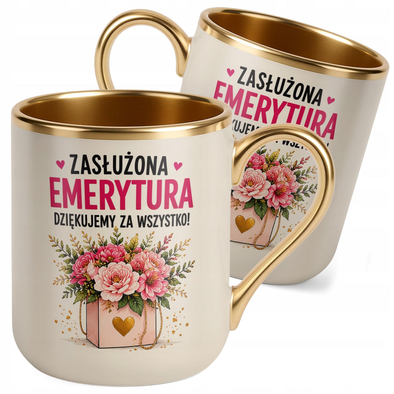 Kubek z nadrukiem Premium Złoty Ecru Emerytura Dla Emerytki Prezent