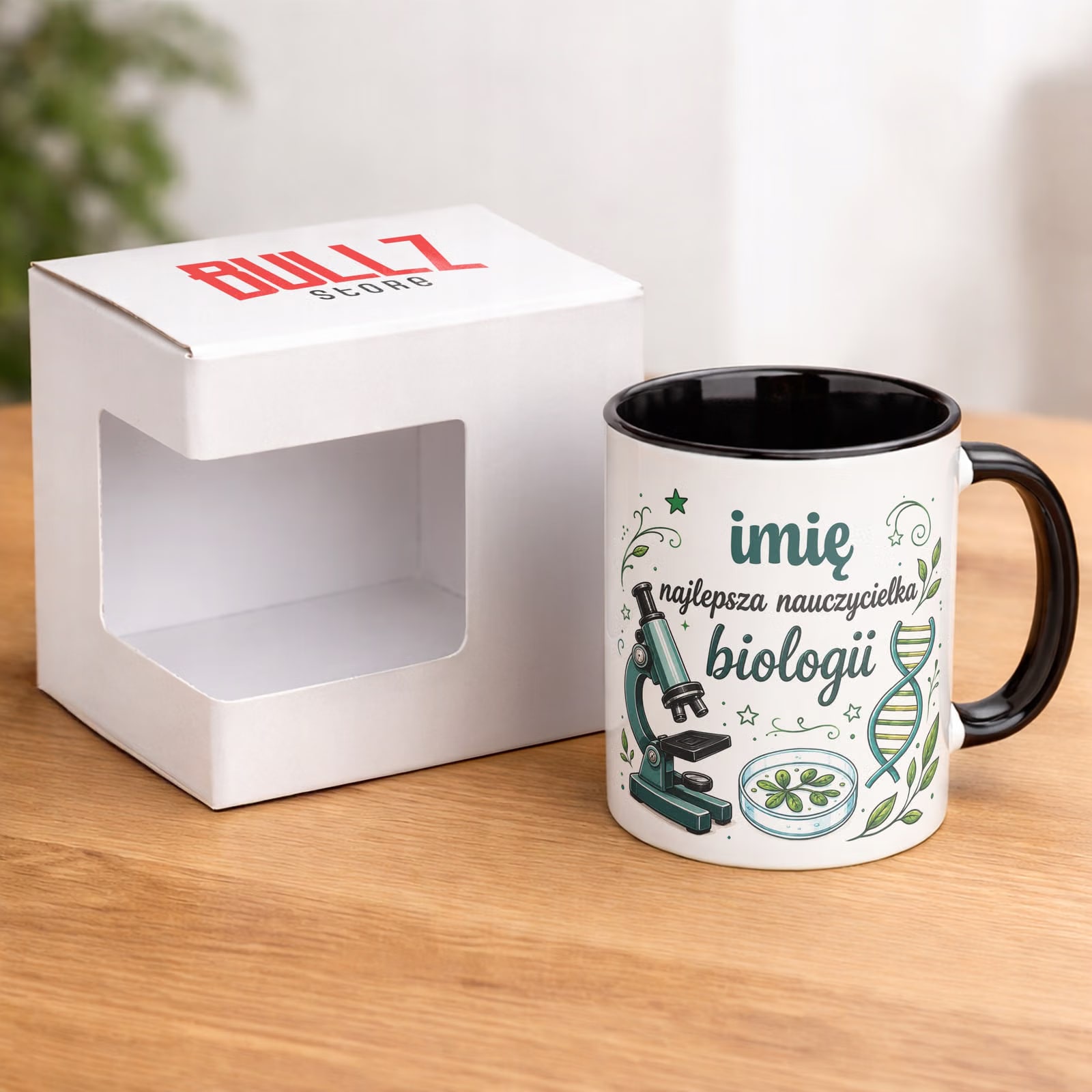 Kubek Czarny z Imieniem Dzień Nauczyciela Biologia Prezent