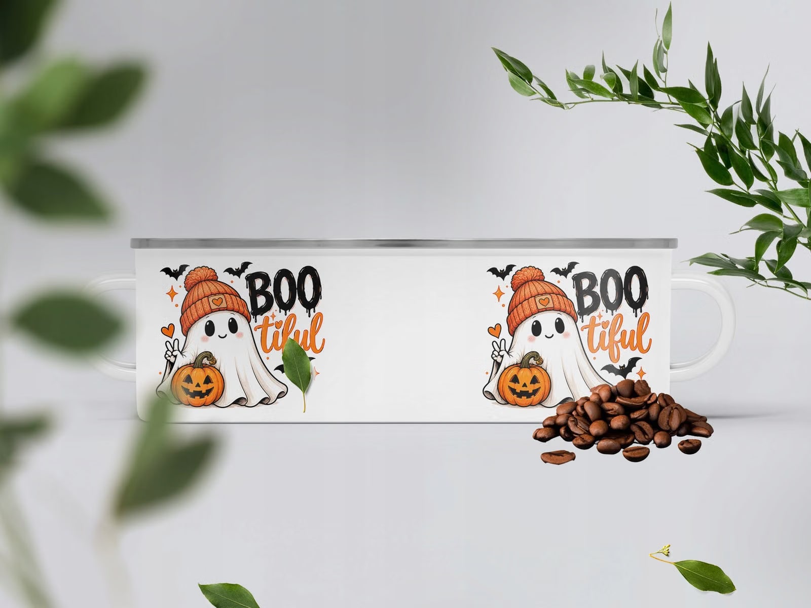 Kubek Emaliowany Halloween Duch Dynia z Nadrukiem Biały Metalowy Prezent