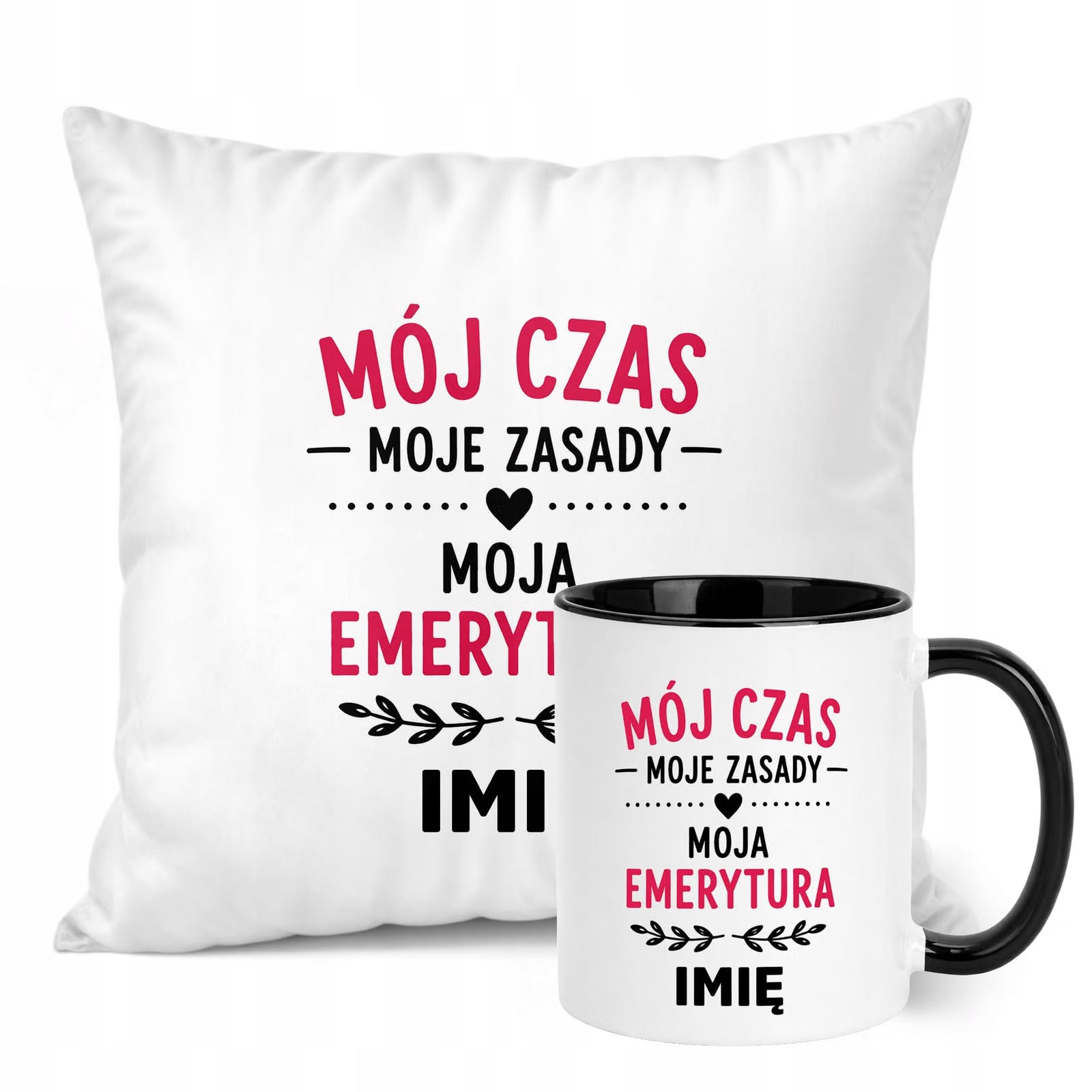 Zestaw Personalizowany Kubek Czarny Poduszka Emerytura Upominek Prezent