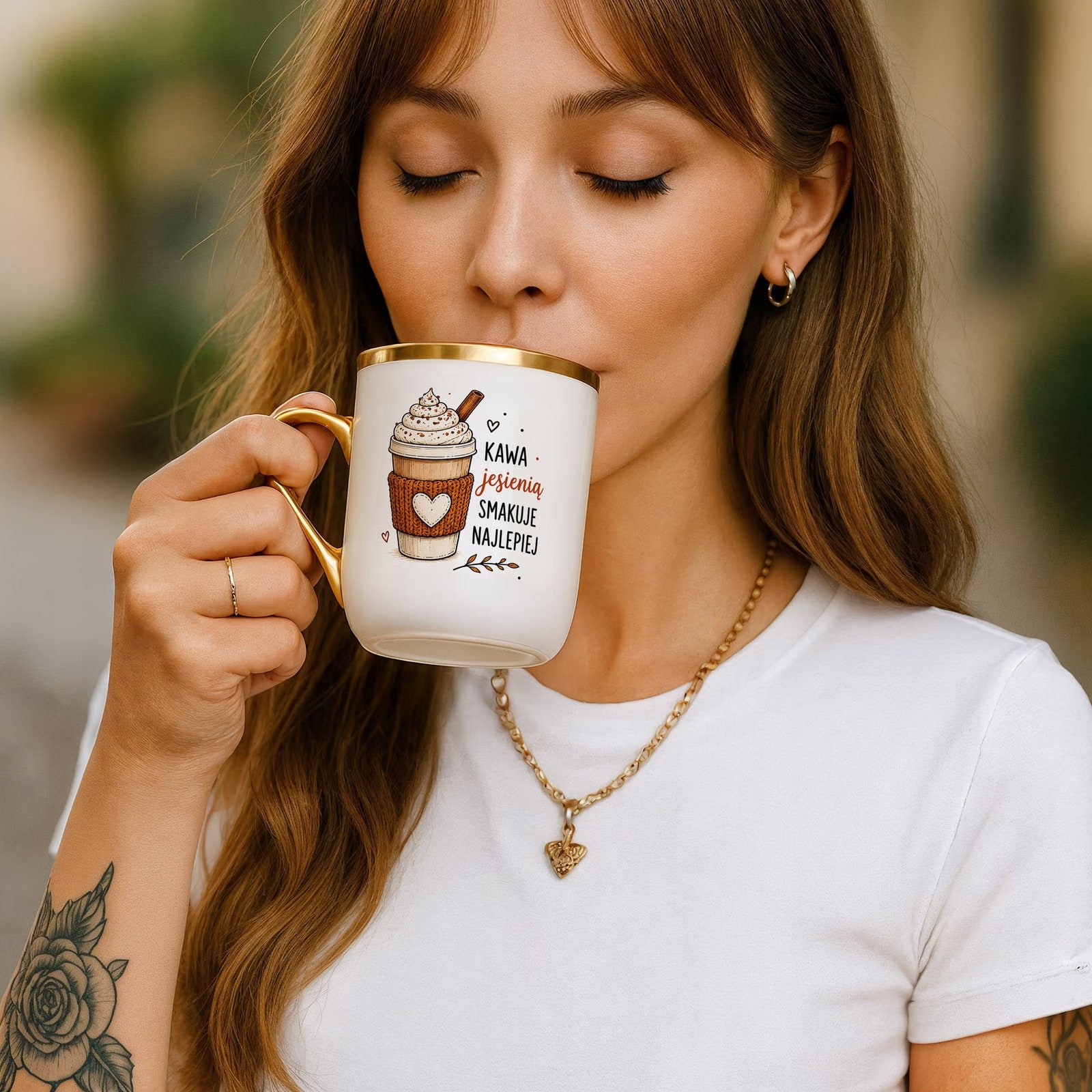 Zestaw Kubek Premium Złoty Torba Shopper Ecru Z Nadrukiem Jesień