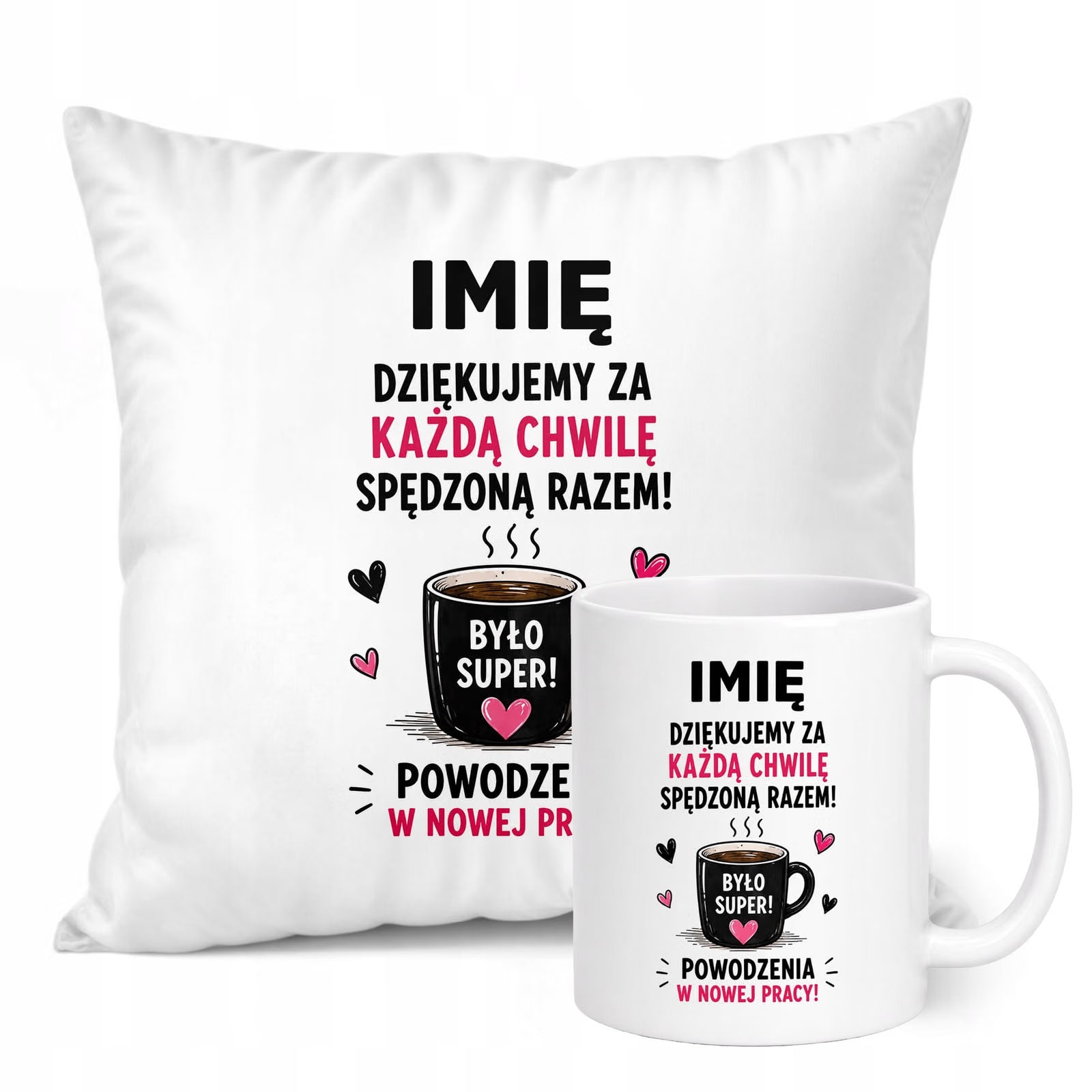 Zestaw Personalizowany Kubek Biały Poduszka Odejście z Pracy Prezent