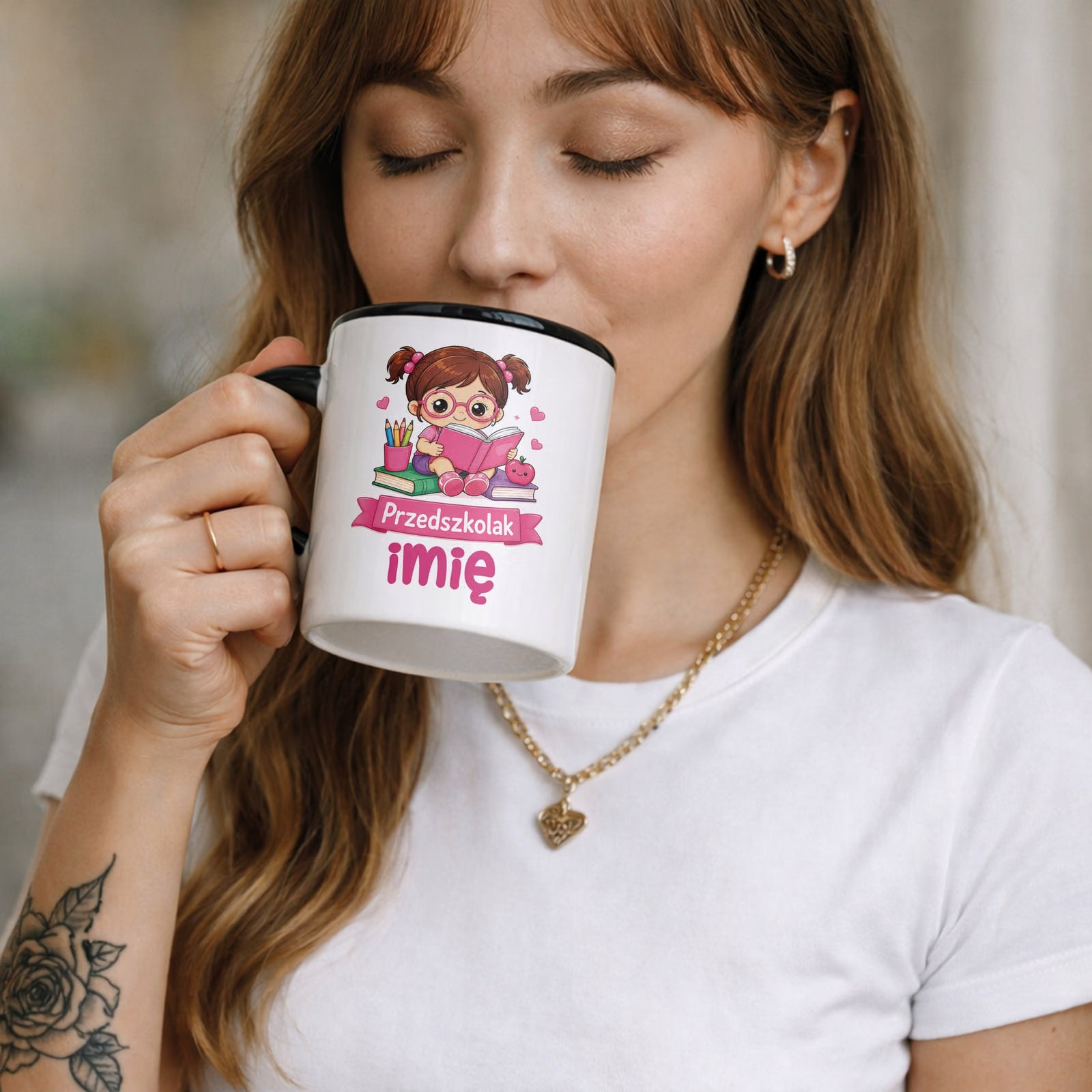 Zestaw Personalizowany Kubek Czarny Poduszka Przedszkolak Prezent