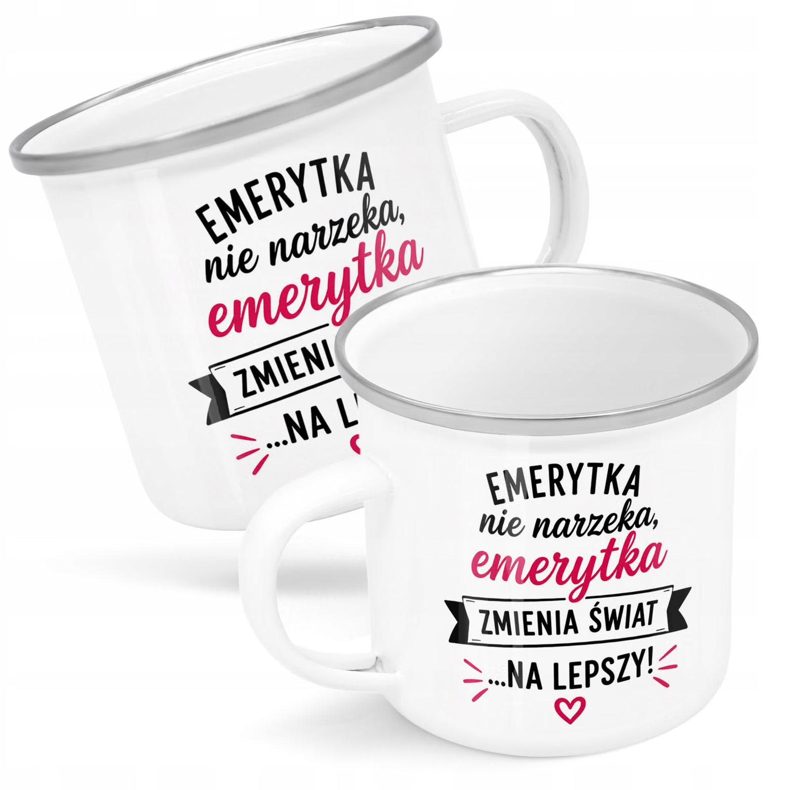 Kubek Emaliowany Emerytura Dla Emerytki z Nadrukiem Biały Metalowy Prezent