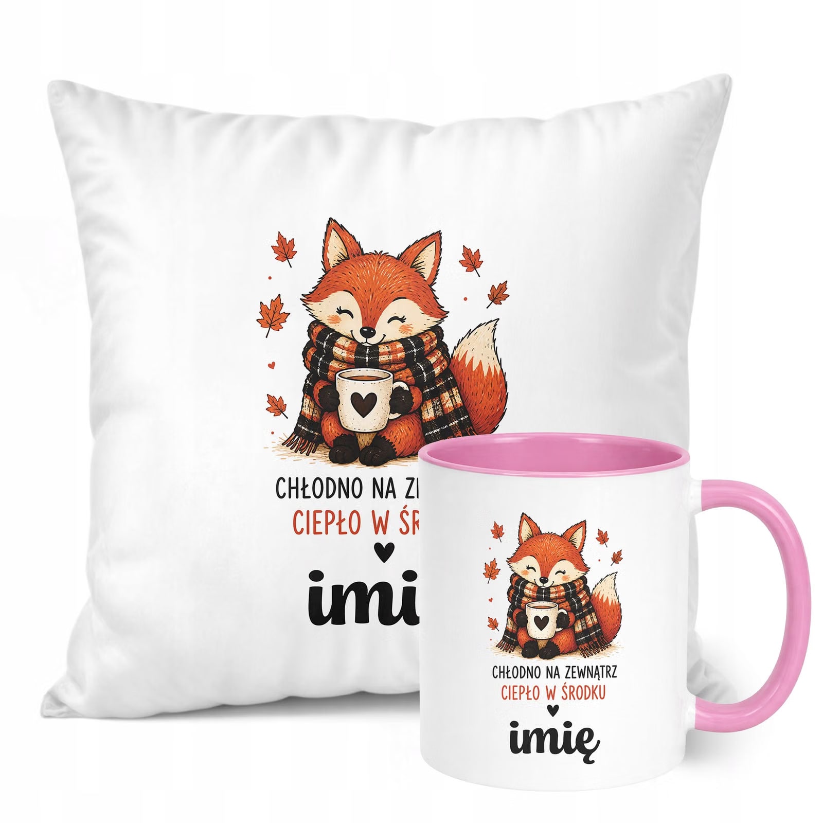 Zestaw Personalizowany Kubek Różowy Poduszka Jesień Jesienny Z Nadrukiem