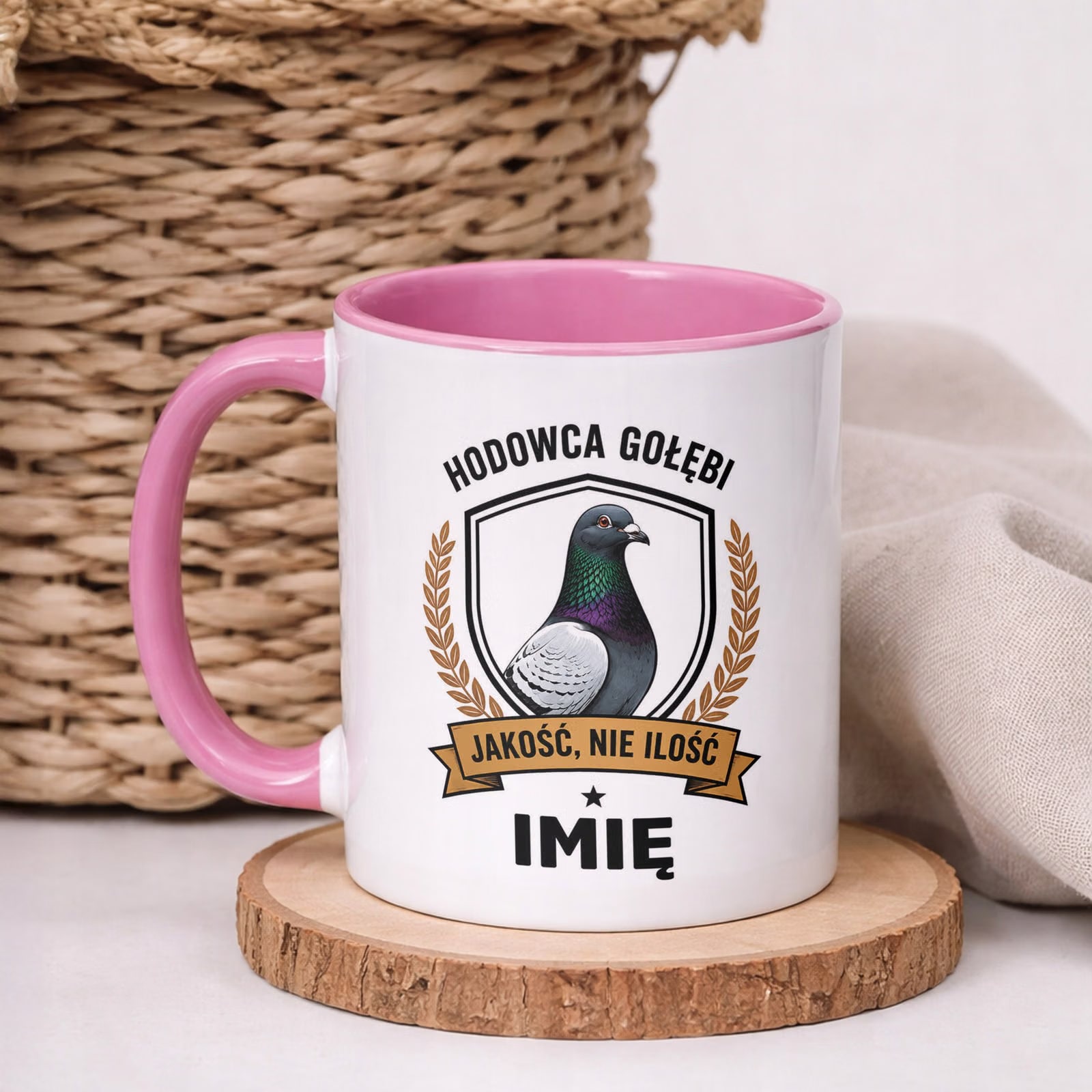 Różowy Kubek Personalizowany z nadrukiem Dla Gołębiarza Upominek Prezent
