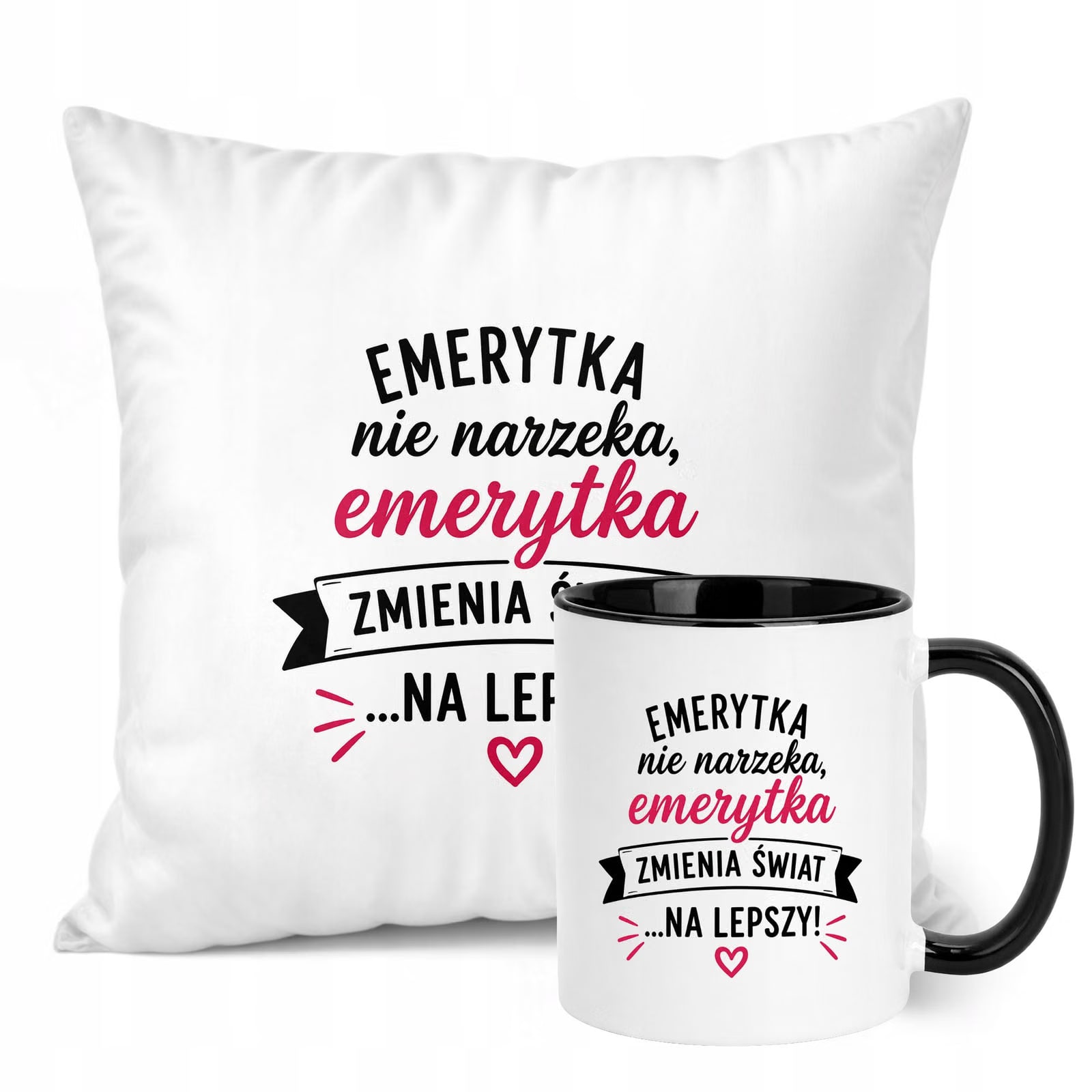 Zestaw Kubek Czarny Poduszka Z Nadrukiem Emerytura Dla Emerytki Prezent