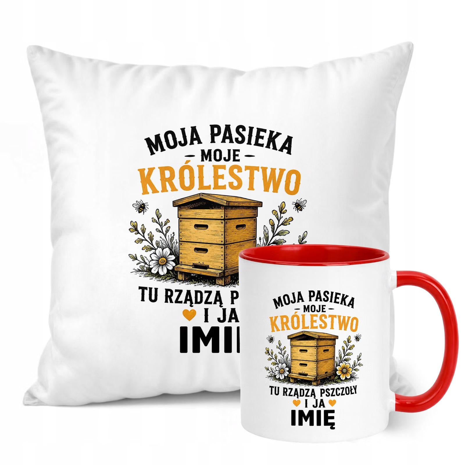 Zestaw Personalizowany Kubek Czerwony Poduszka Z Nadrukiem Dla Pszczelarza