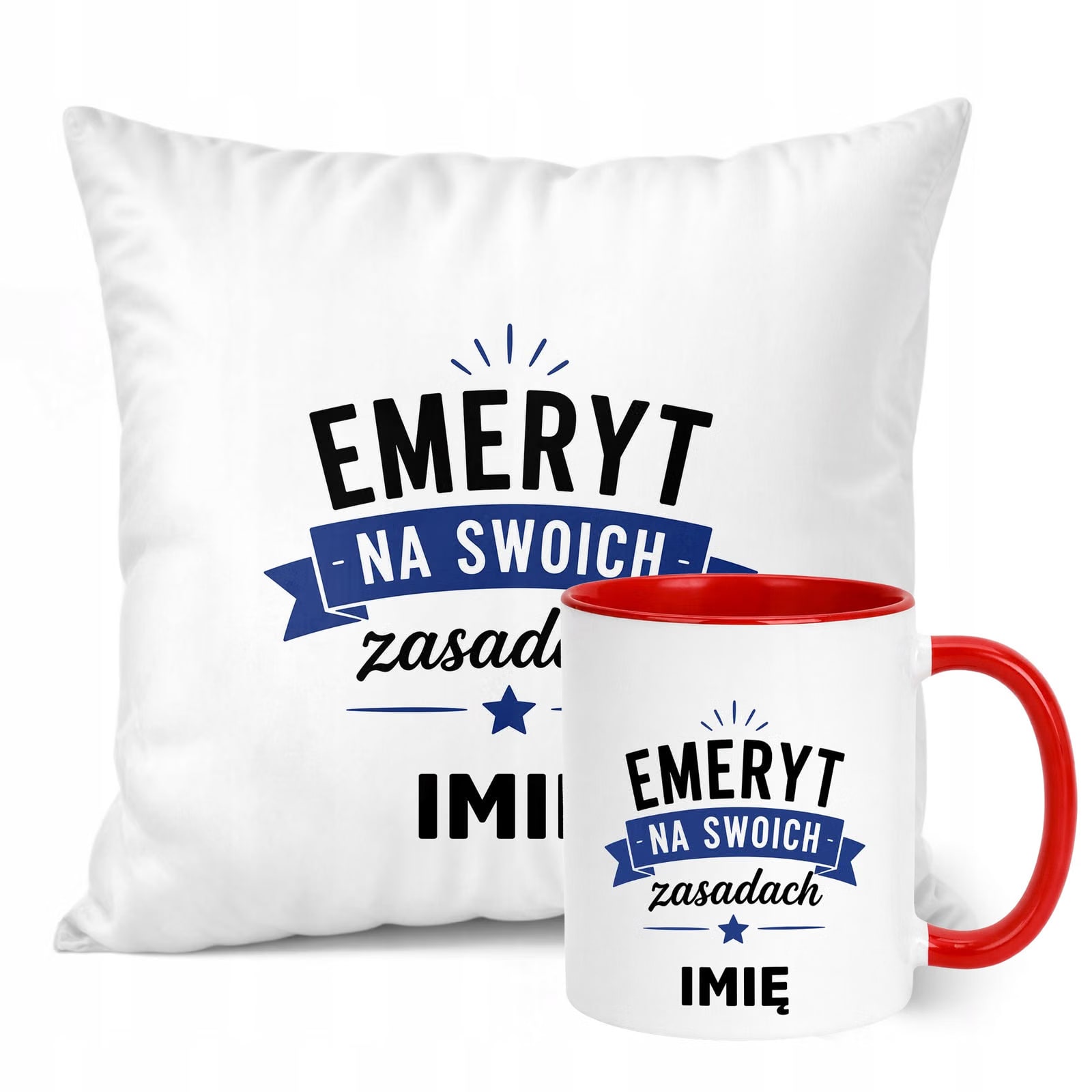 Zestaw Personalizowany Kubek Czerwony Poduszka Emerytura Upominek Prezent