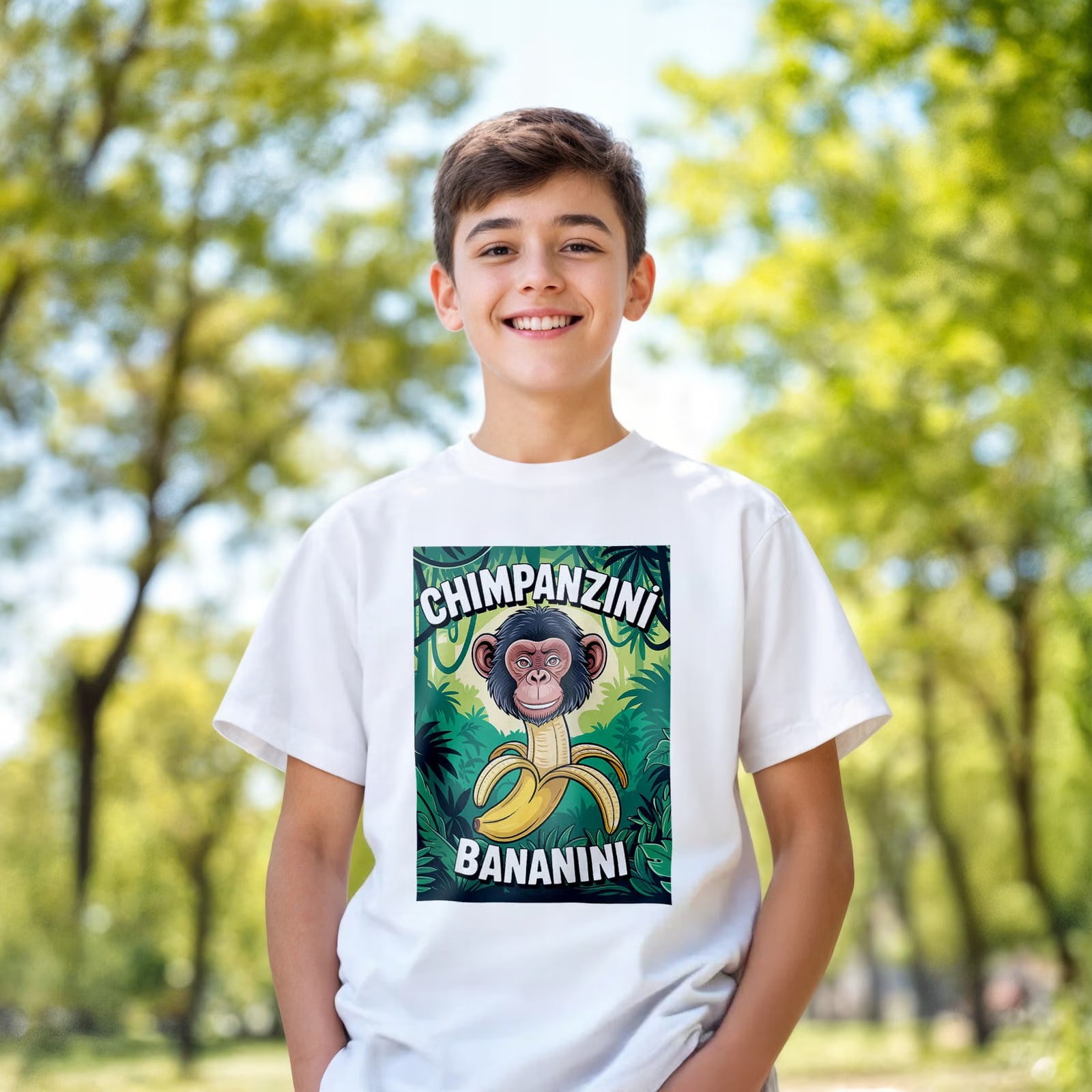 Koszulka biała dziecięca Chimpanzini Bananini viral tiktok brainrot