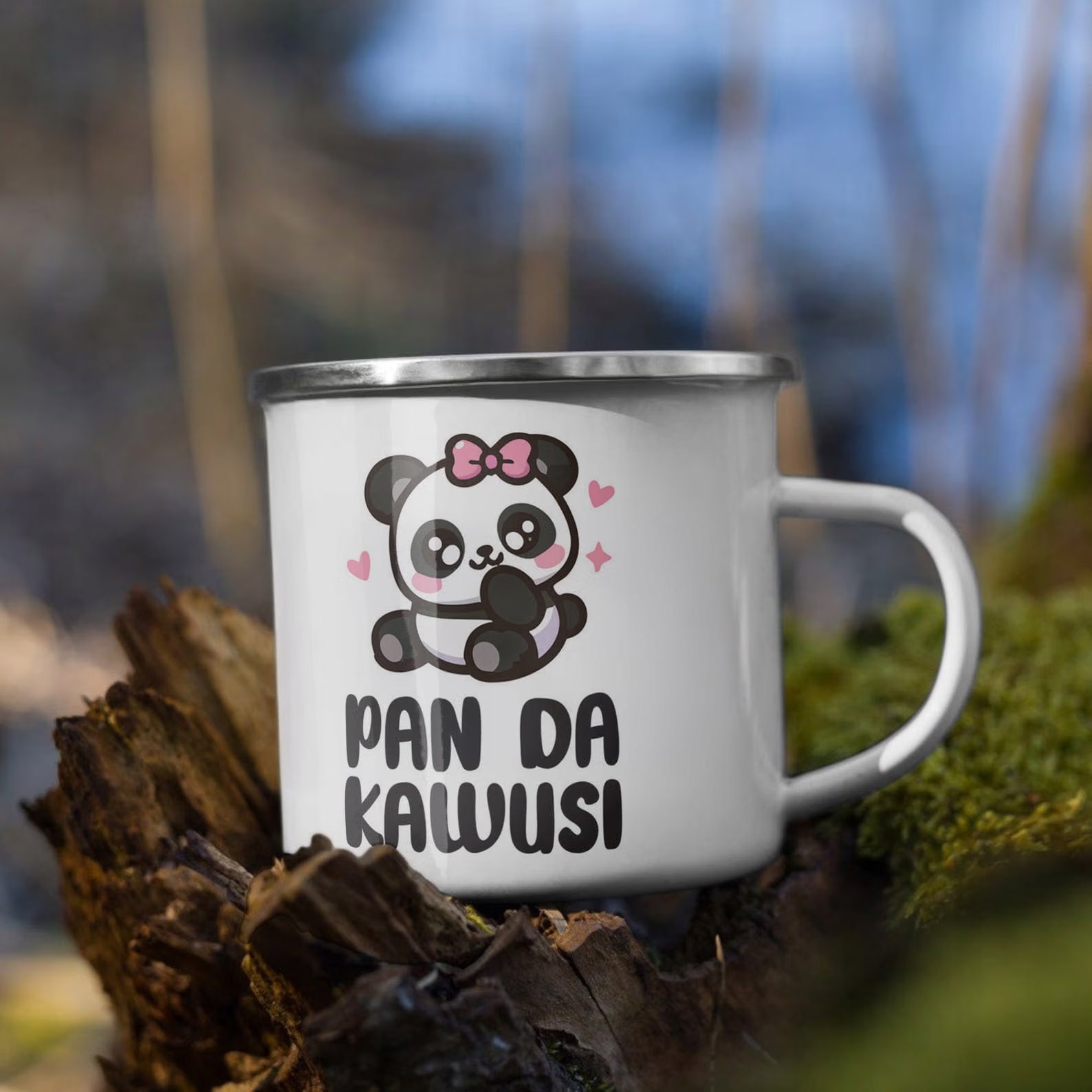 Kubek Emaliowany Pan Da Kawusi Panda Zabawny z Nadrukiem Biały Metalowy