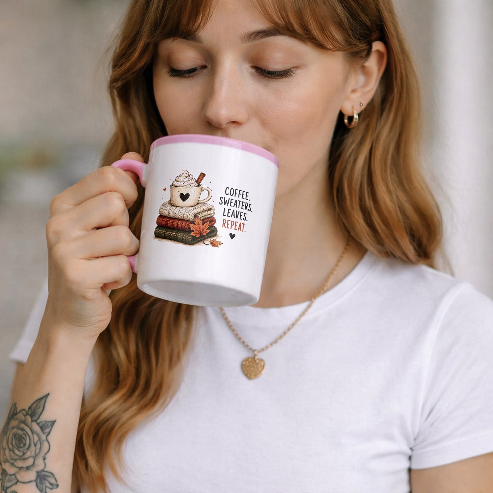 Zestaw Kubek Różowy Torba Shopper Ecru Z Nadrukiem Jesień Jesienny