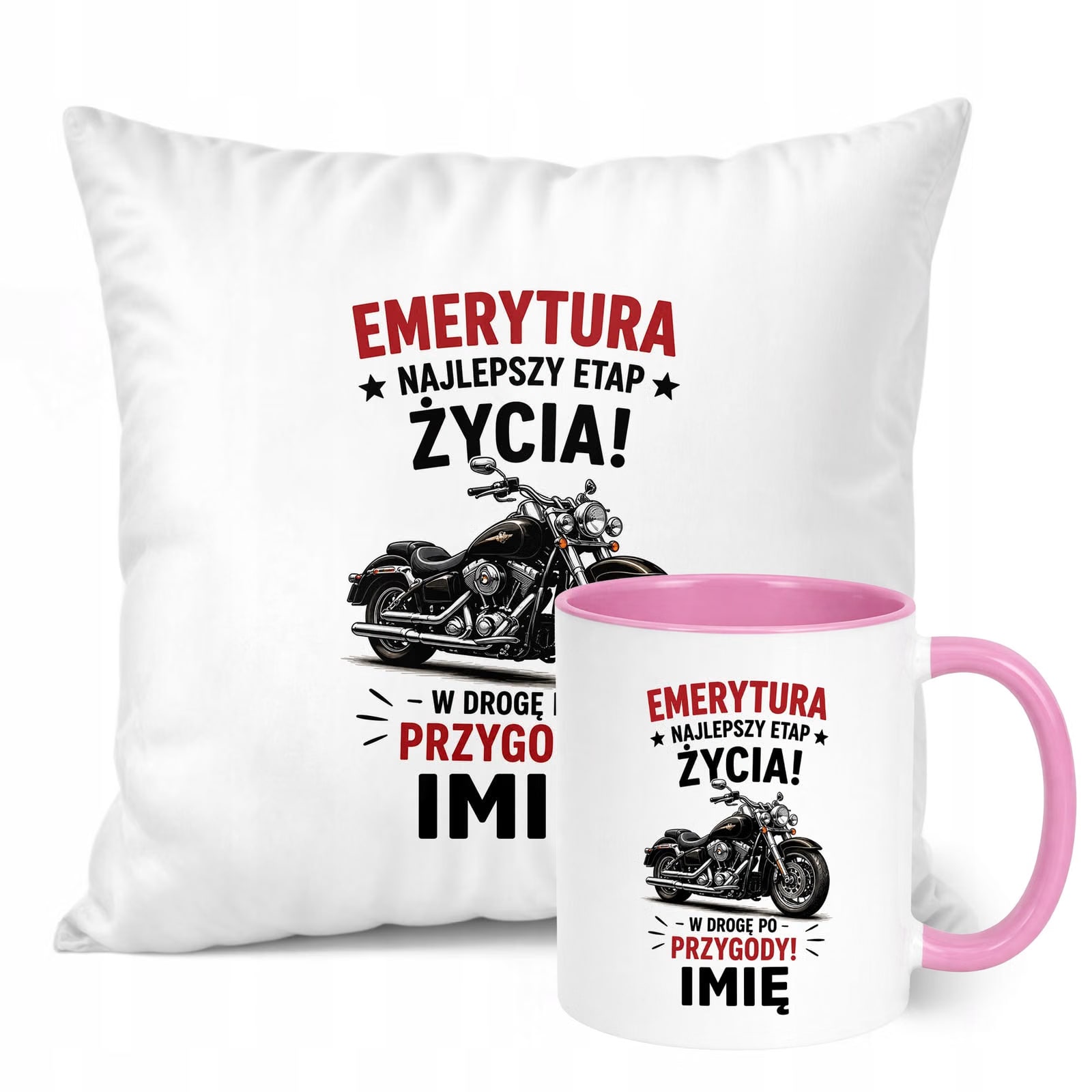 Zestaw Personalizowany Kubek Różowy Poduszka Emerytura Upominek Prezent