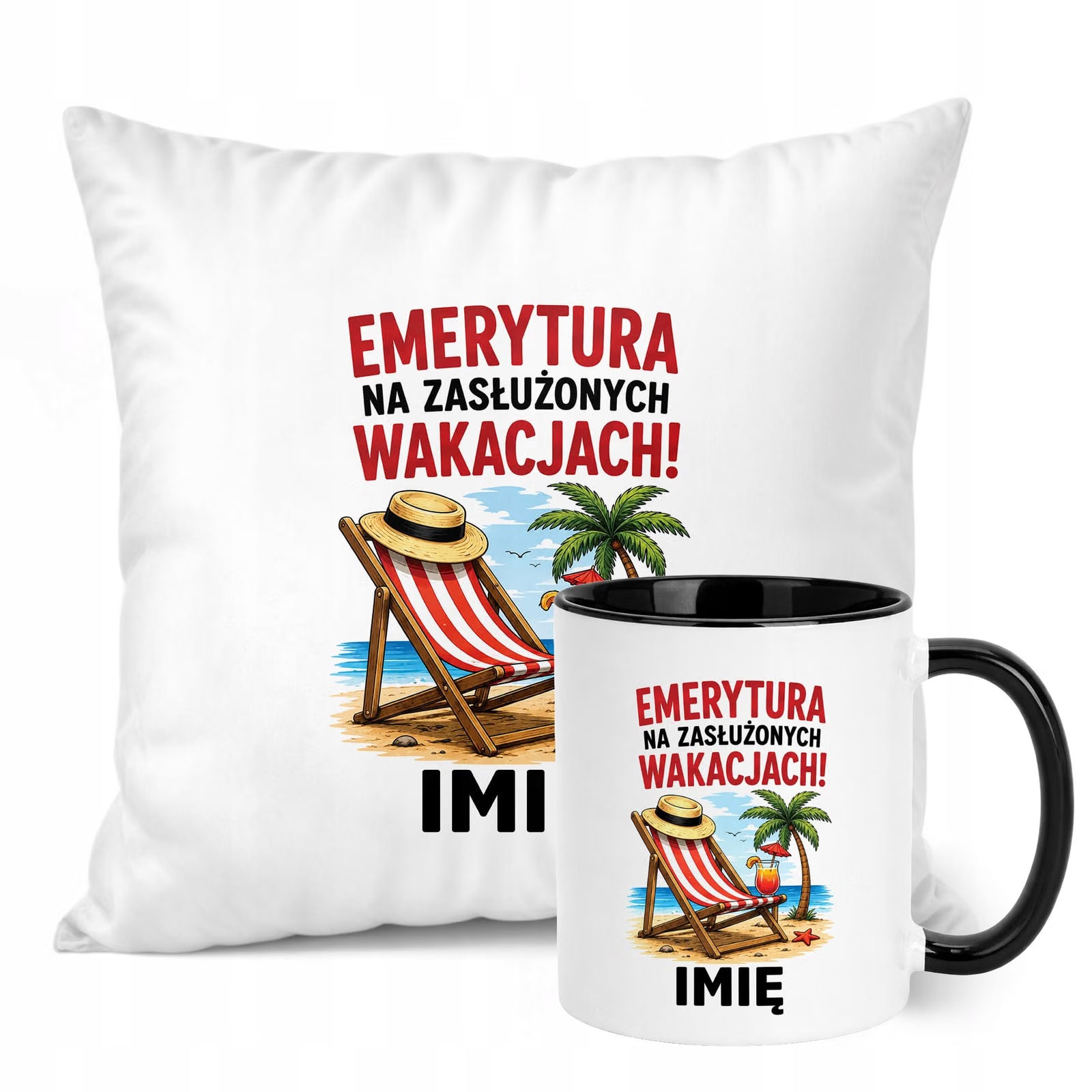 Zestaw Personalizowany Kubek Czarny Poduszka Emerytura Upominek Prezent