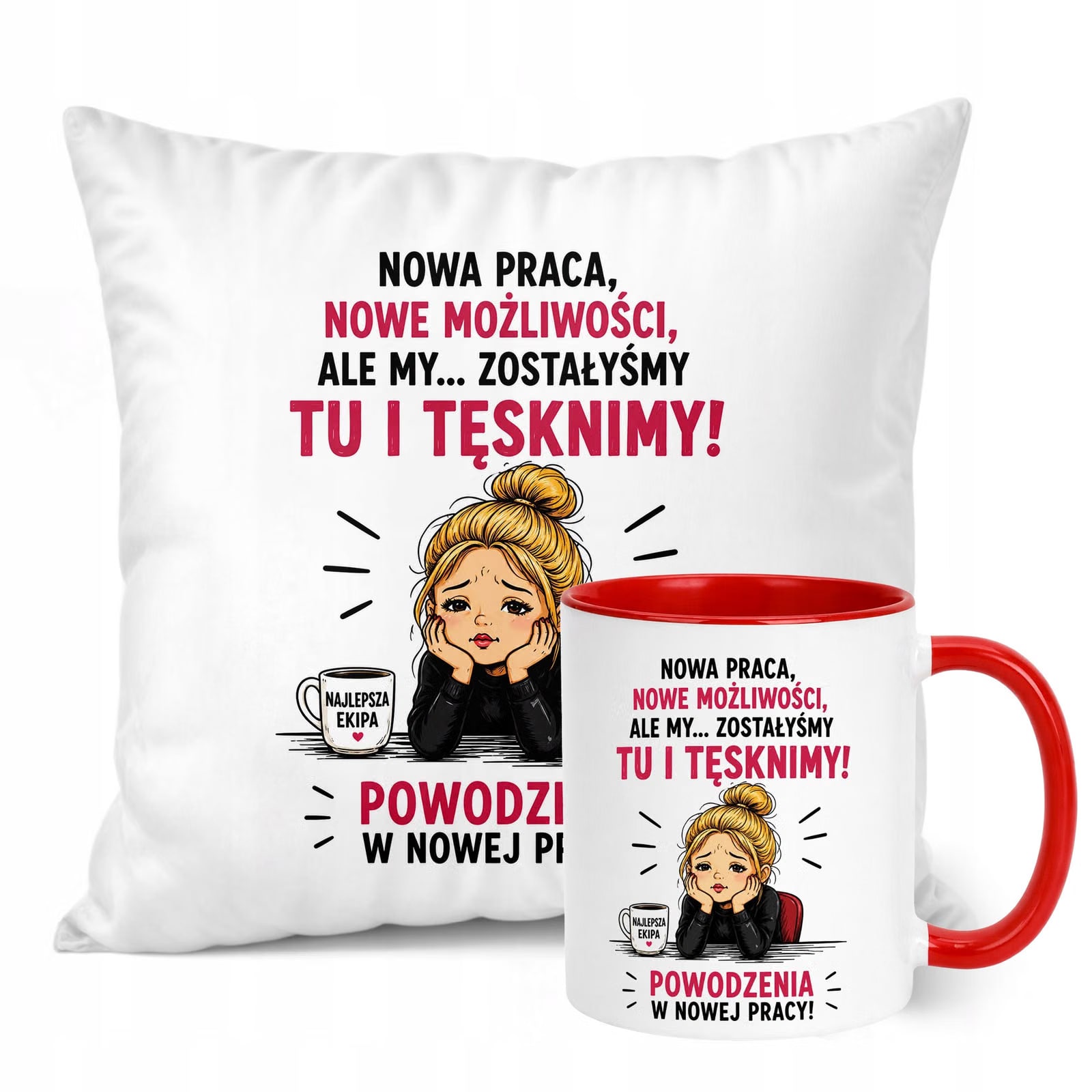 Zestaw Kubek Czerwony Poduszka Z Nadrukiem Odejście z Pracy Prezent