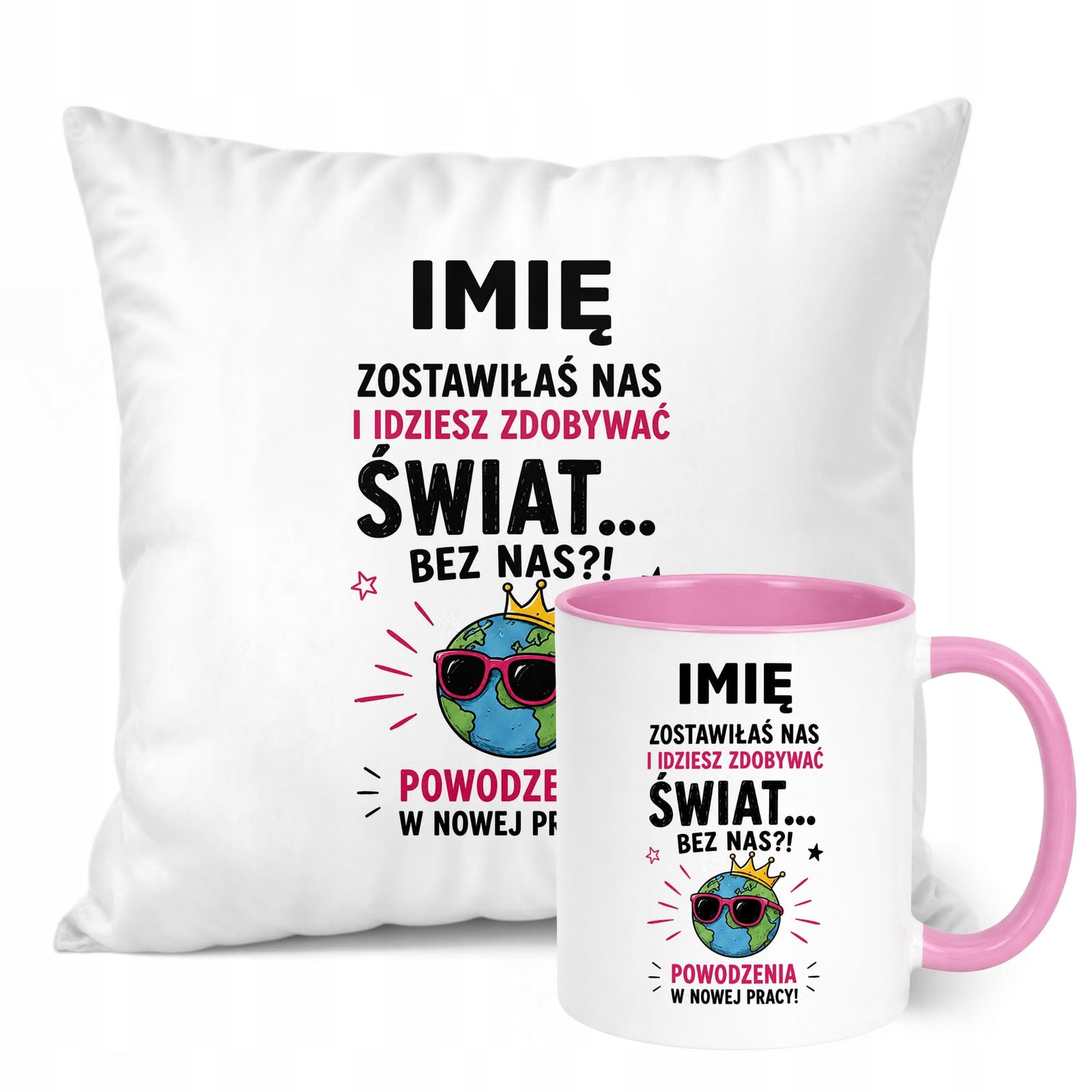Zestaw Personalizowany Kubek Różowy Poduszka Odejście z Pracy Prezent