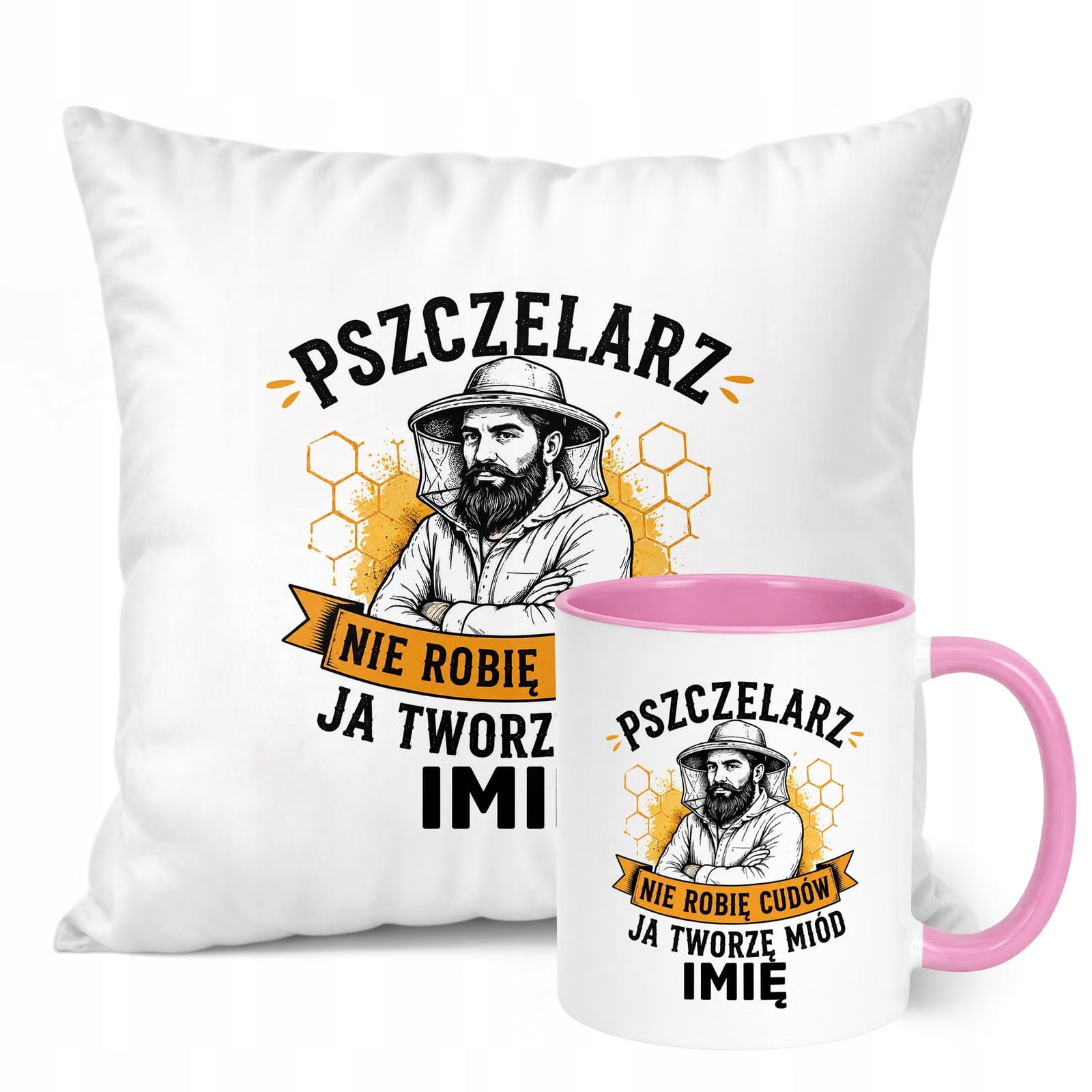 Zestaw Personalizowany Kubek Różowy Poduszka Z Nadrukiem Dla Pszczelarza