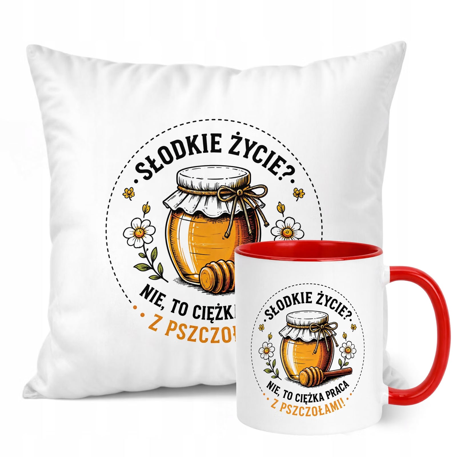 Zestaw Kubek Czerwony Poduszka Z Nadrukiem Dla Pszczelarza Prezent
