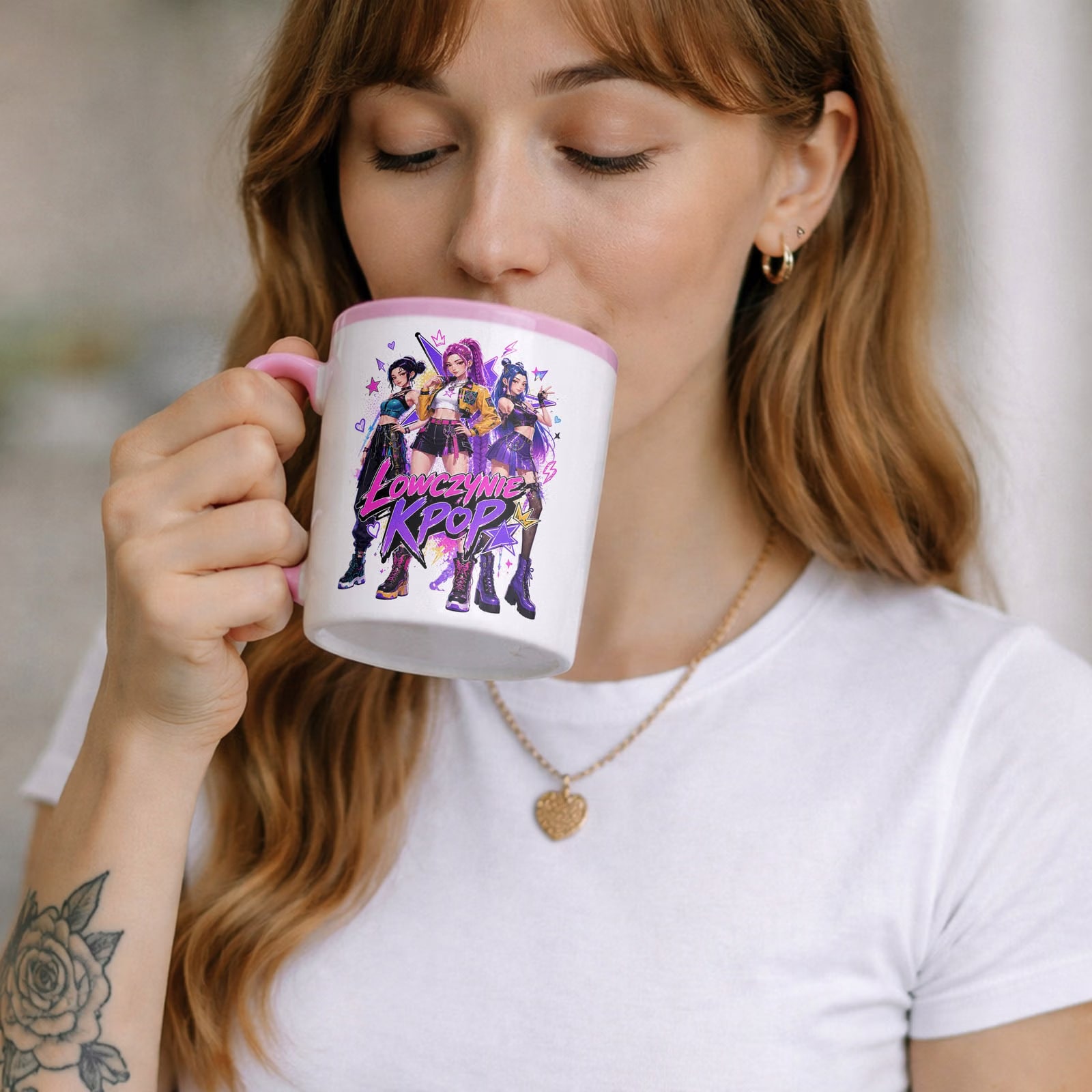 Zestaw Kubek Różowy Podkładka pod mysz z nadrukiem Łowczynie Kpop