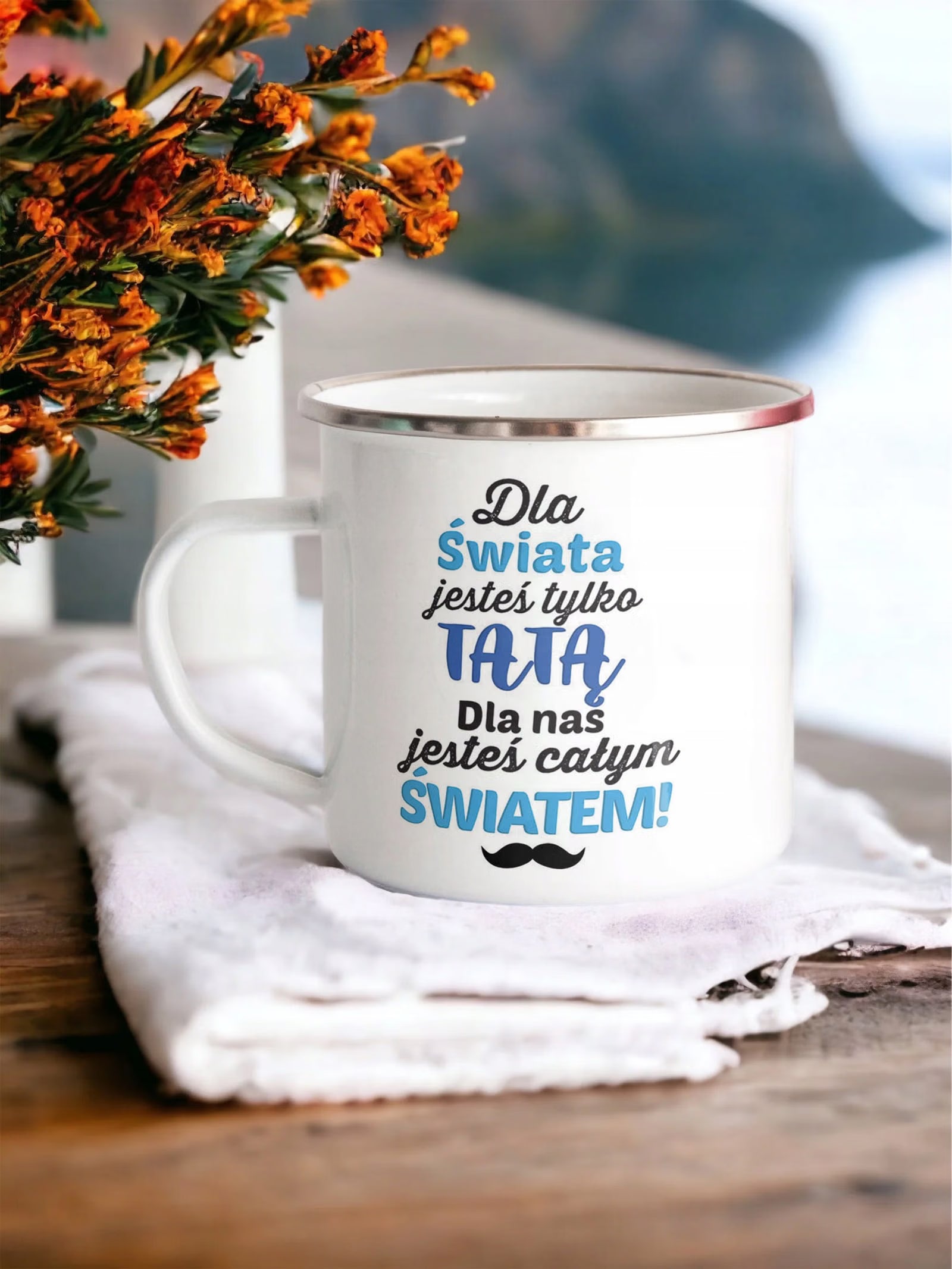 Kubek Emaliowany Dzień Ojca Dla Taty Nas Jesteś z Nadrukiem Biały Metalowy