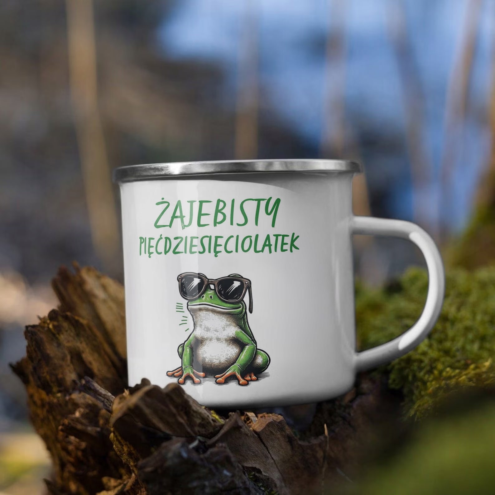 Kubek Emaliowany Żajebisty 50 Dla Mężczyzny z Nadrukiem Biały Metalowy
