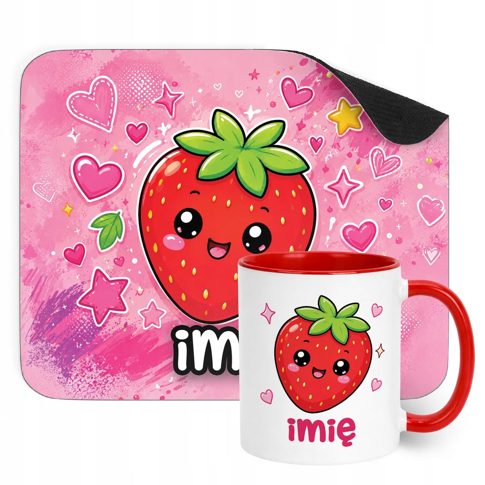 Zestaw personalizowany Kubek Czerwony Podkładka pod mysz Kawaii Truskawka