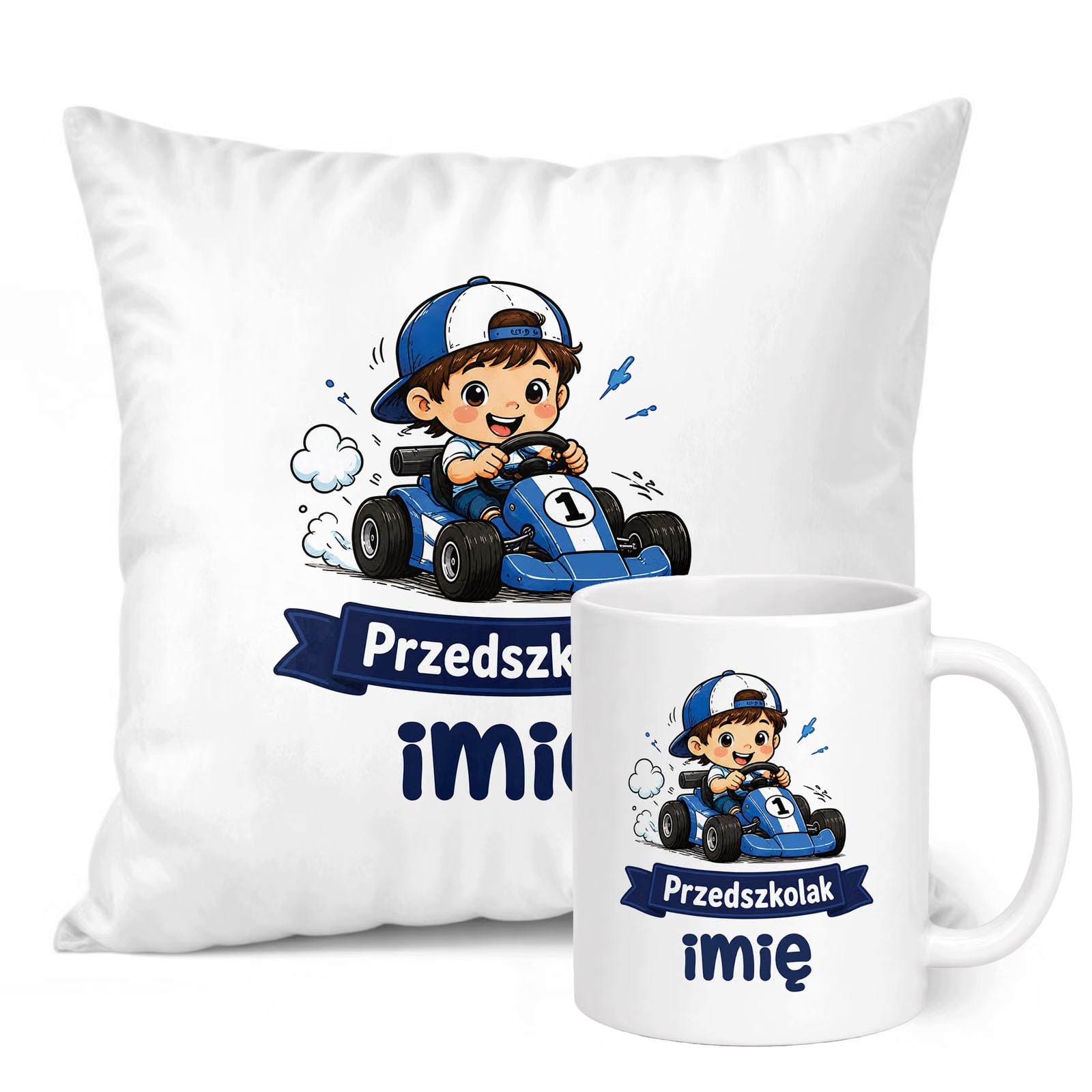 Zestaw Personalizowany Kubek Biały Poduszka Przedszkolak Prezent