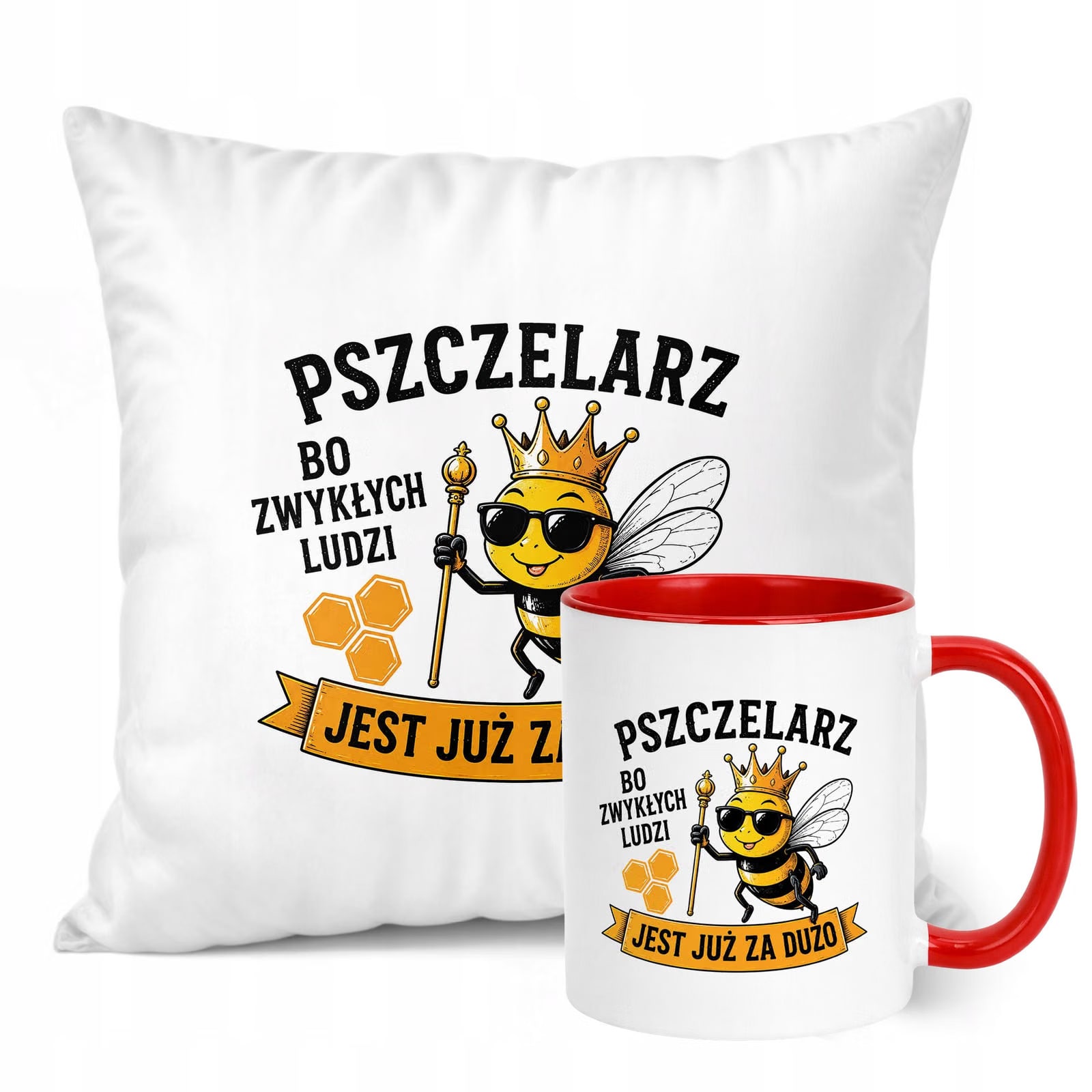 Zestaw Kubek Czerwony Poduszka Z Nadrukiem Dla Pszczelarza Prezent