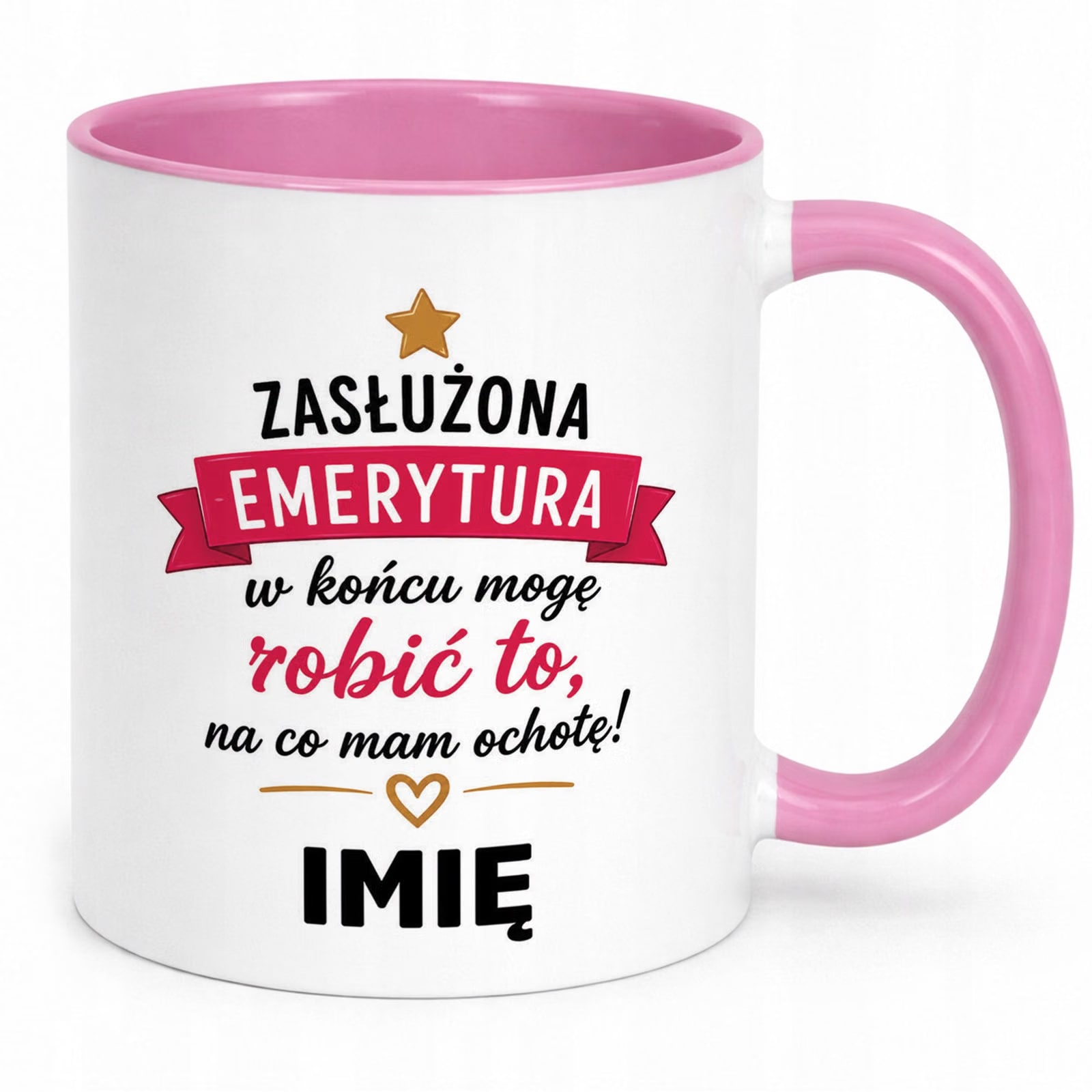 Kubek Różowy Personalizowany z Nadrukiem Emerytura Dla Emerytki Prezent