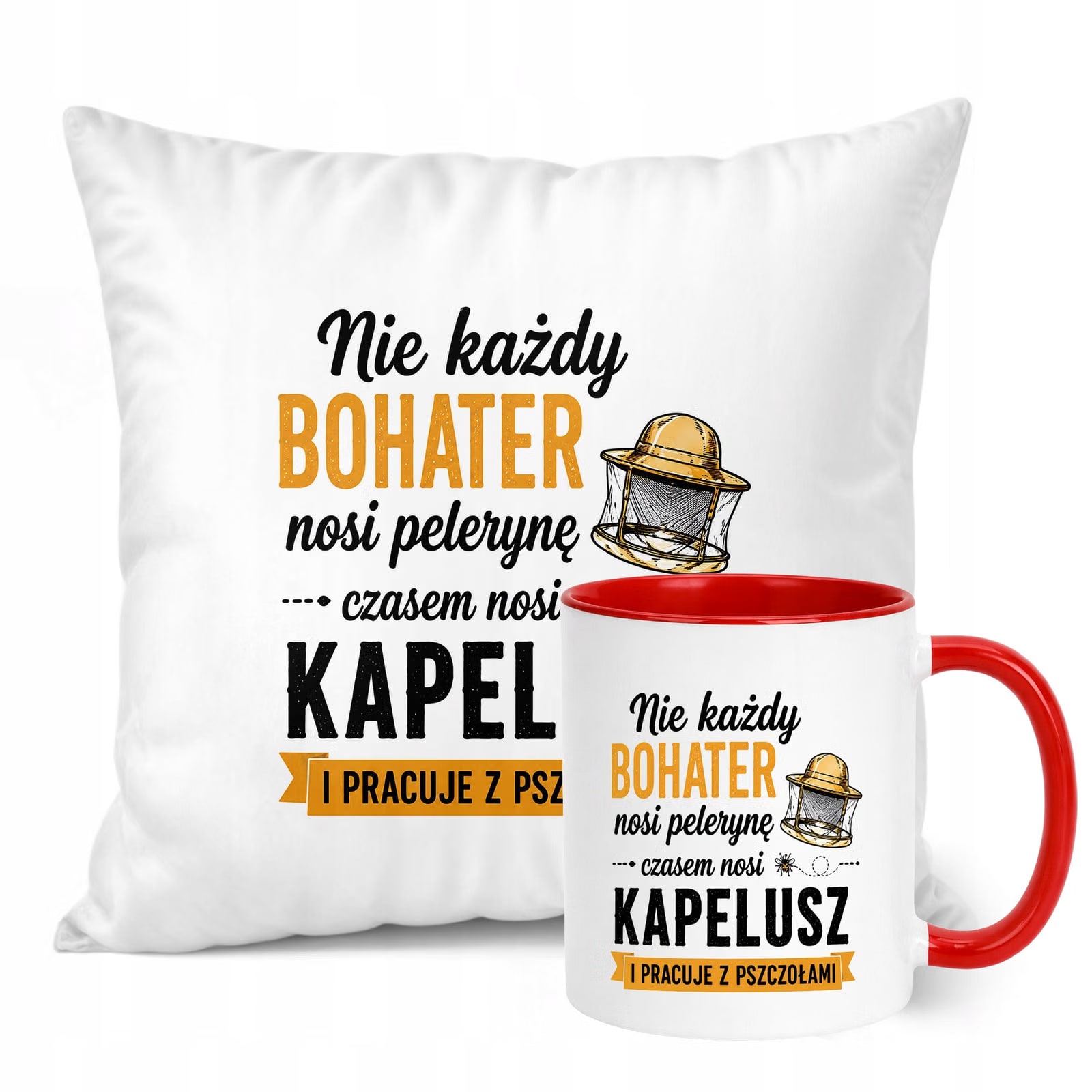 Zestaw Kubek Czerwony Poduszka Z Nadrukiem Dla Pszczelarza Prezent