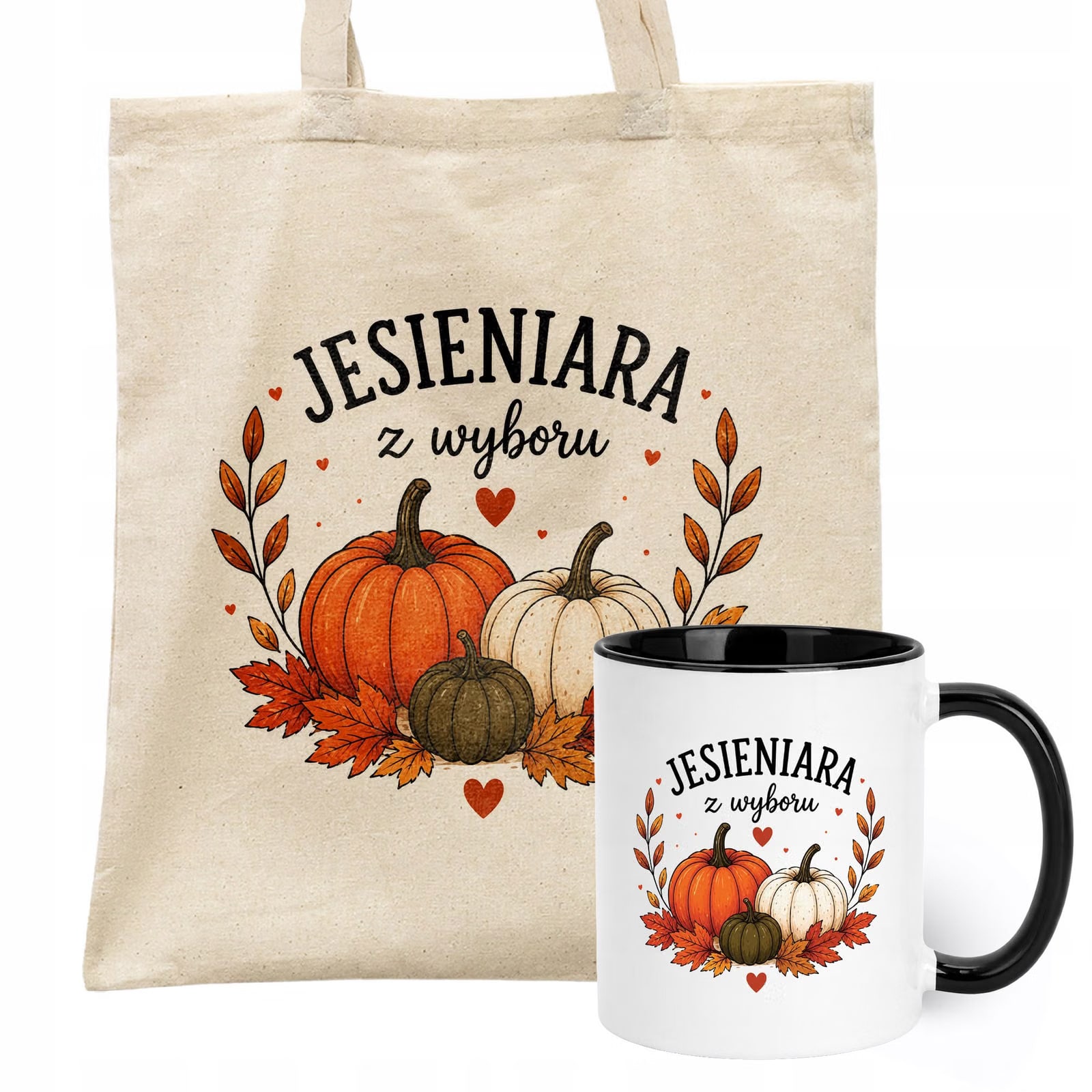 Zestaw Kubek Czarny Torba Shopper Ecru Z Nadrukiem Jesień Jesienny