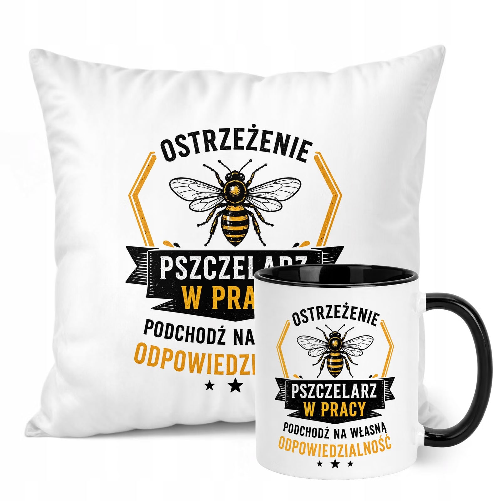 Zestaw Kubek Czarny Poduszka Z Nadrukiem Dla Pszczelarza Prezent