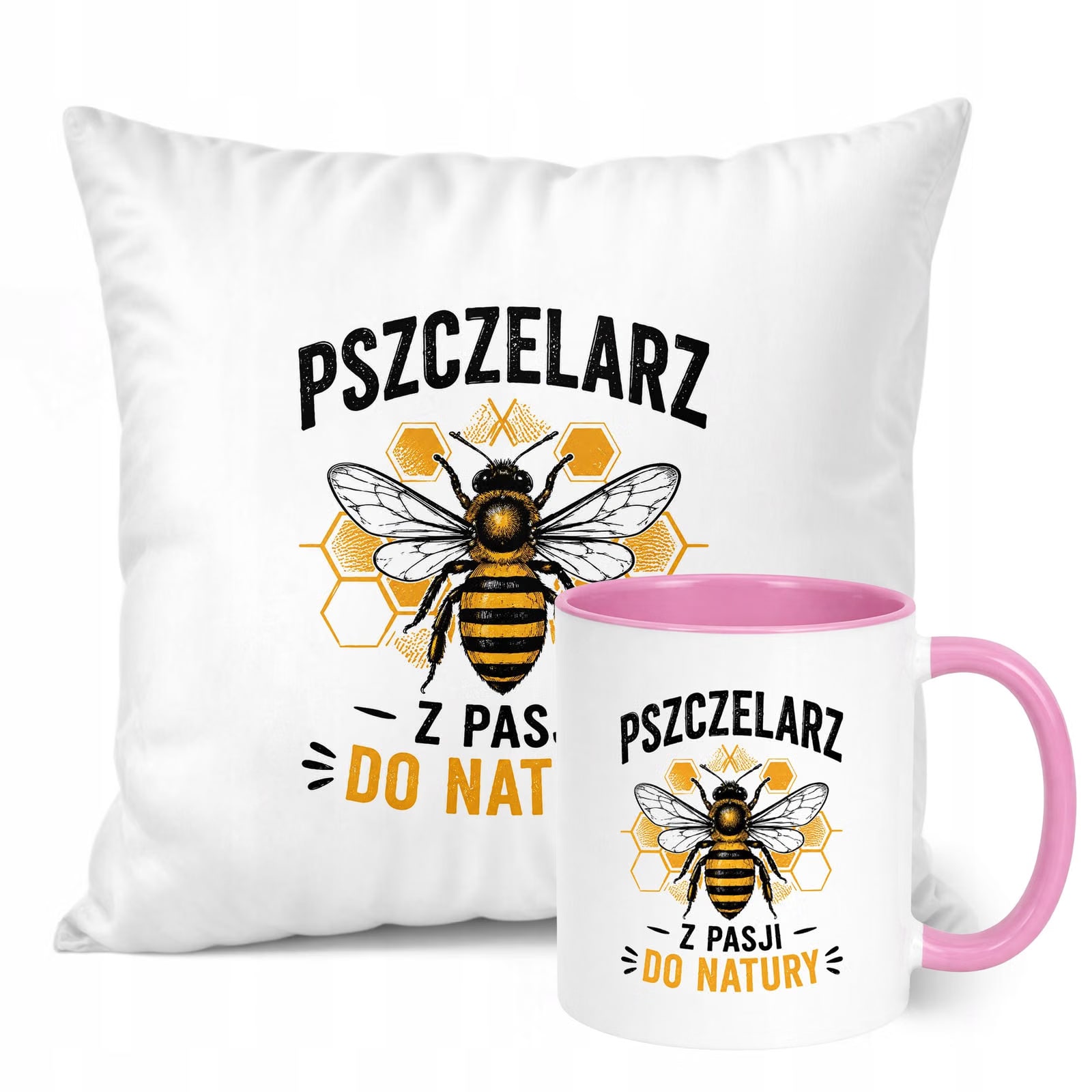 Zestaw Kubek Różowy Poduszka Z Nadrukiem Dla Pszczelarza Prezent