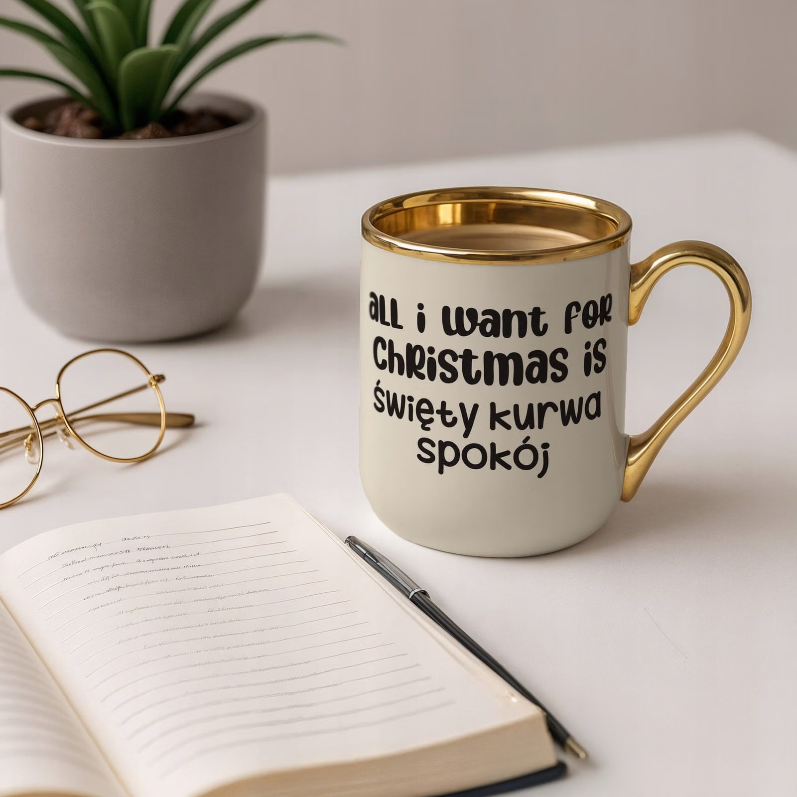 Kubek Premium Złoty Ecru Boże Narodzenie All I Want For Christmas Prezent