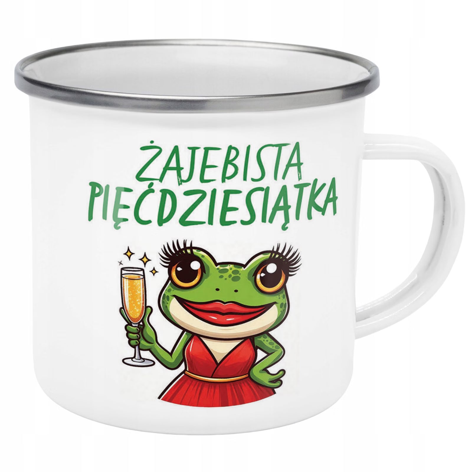 Kubek Emaliowany Żajebista 50 Dla Kobiety z Nadrukiem Biały Metalowy
