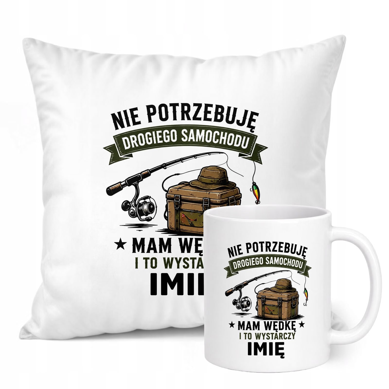 Zestaw Personalizowany Kubek Biały Poduszka Z Nadrukiem Dla Wędkarza