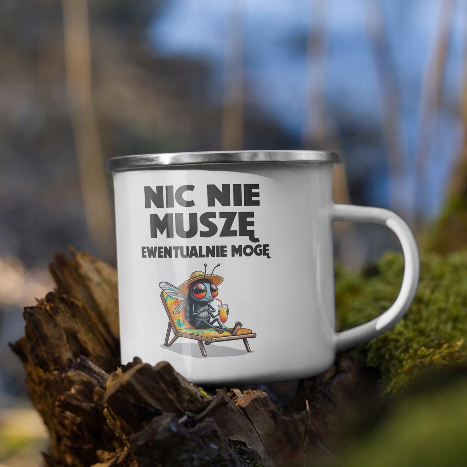 Kubek Emaliowany Nic Nie Muszę Zabawny Prezent z Nadrukiem Biały Metalowy